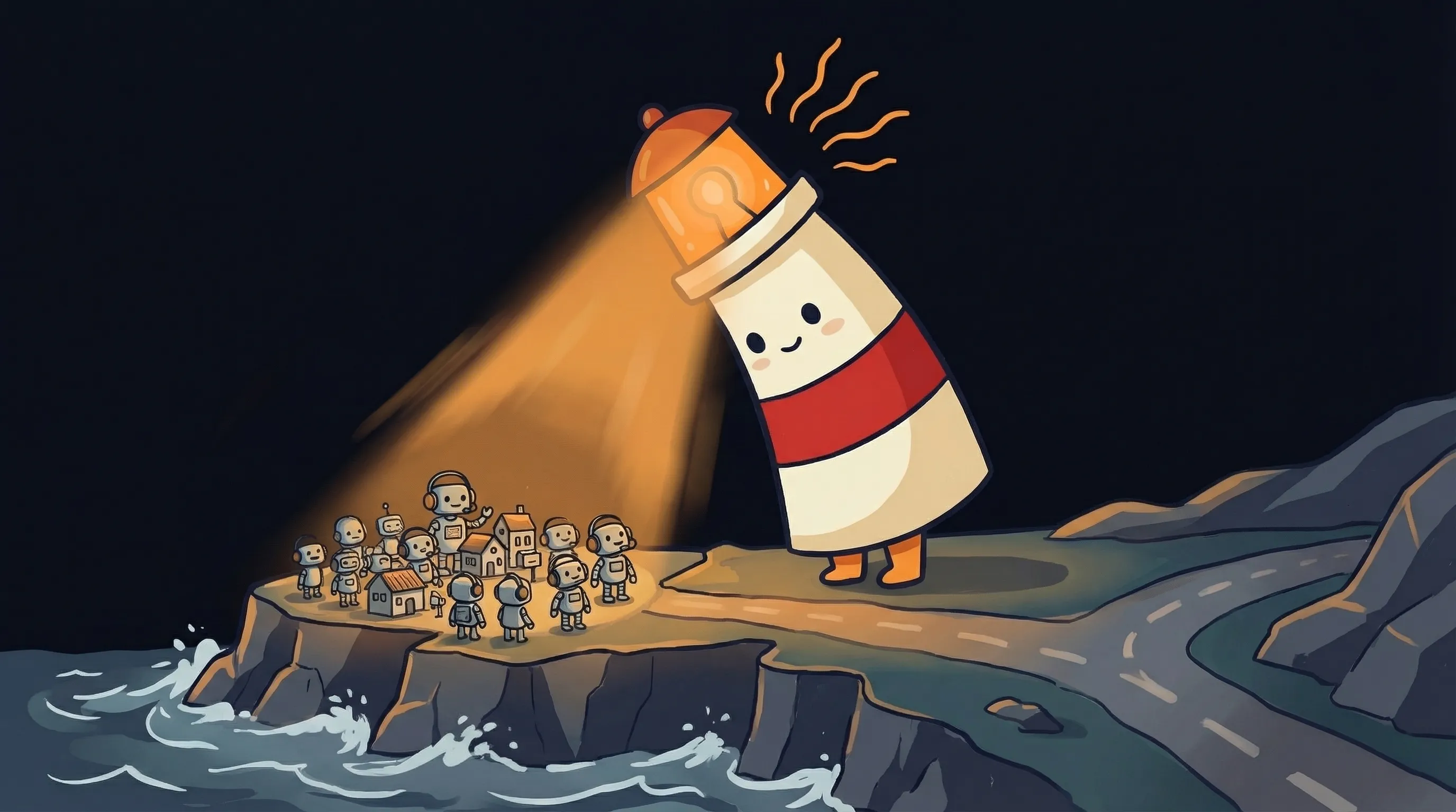 Beacon the lighthouse character shining light on a small business storefront, representing AI customer service assistant s...