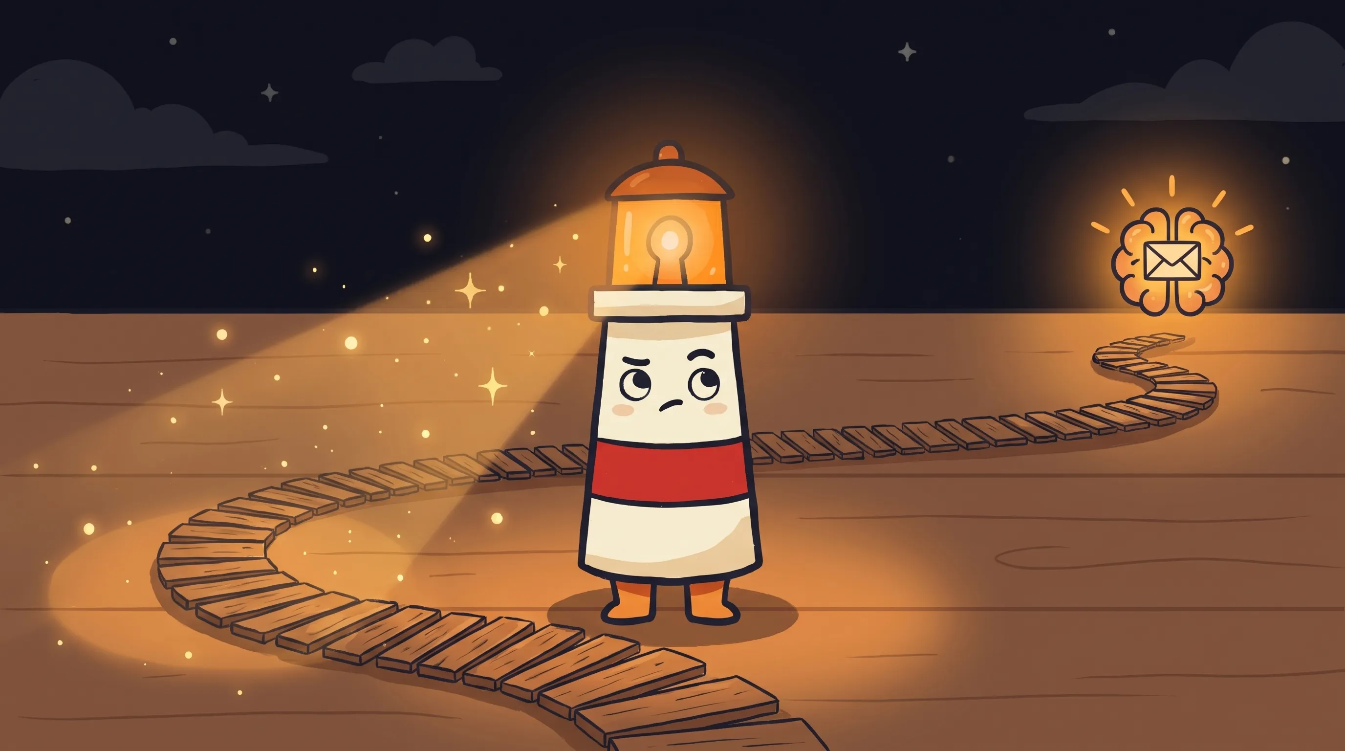 Beacon the lighthouse character shining its amber light onto a small business email and calendar, symbolizing AI virtual a...