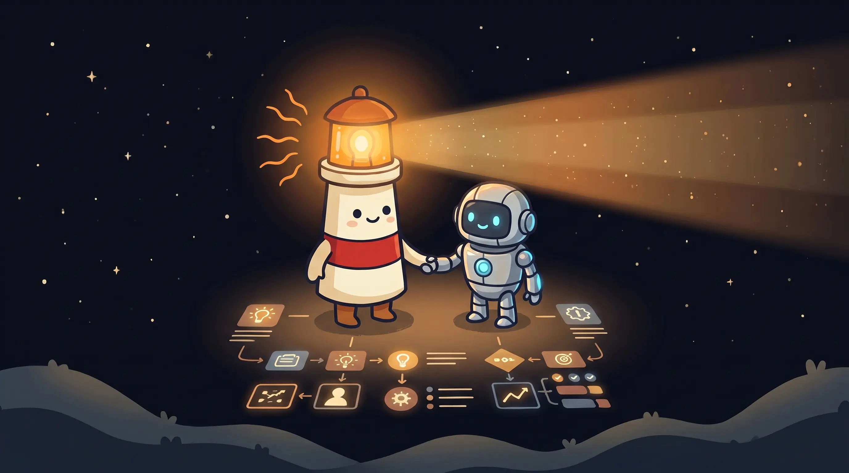 Beacon the lighthouse character shining a warm amber glow onto a small business phone, symbolizing AI virtual assistant fo...