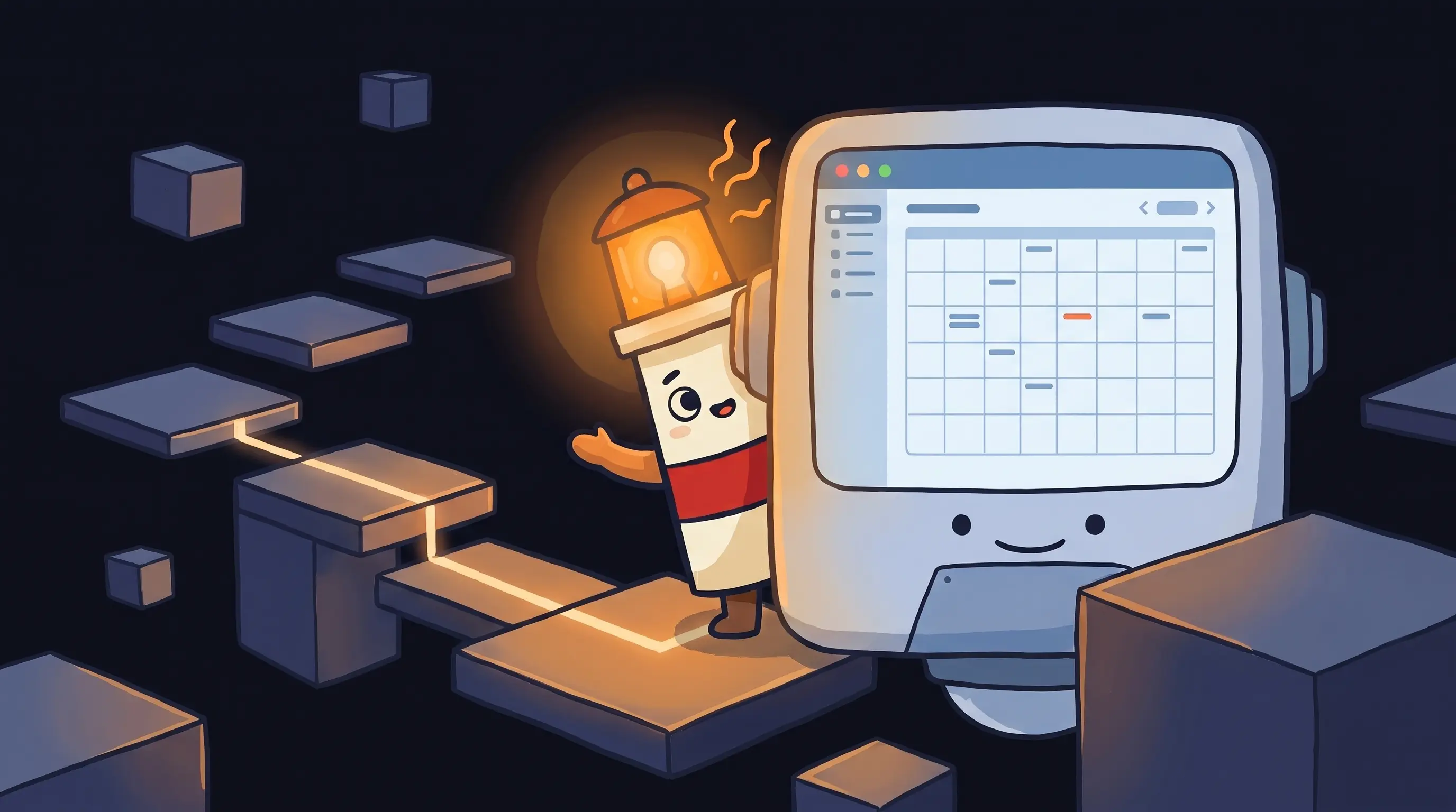 Beacon the lighthouse character shining its amber light on a small business phone and calendar for AI follow-up tasks.