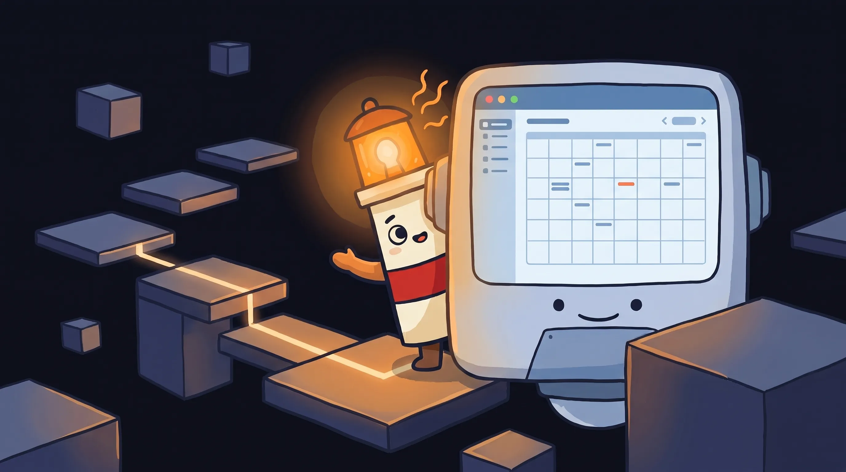 Beacon the lighthouse character shining its amber light on a small business phone and calendar for AI follow-up tasks.
