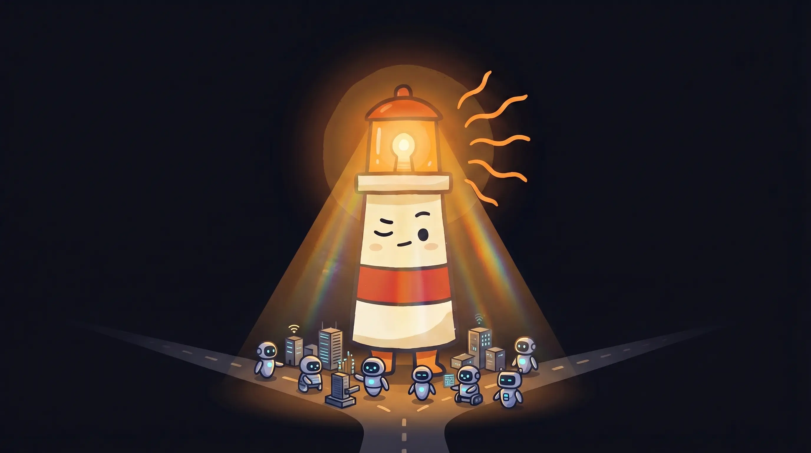 Beacon the lighthouse character shining a warm amber glow onto a small business storefront on a dark navy background.