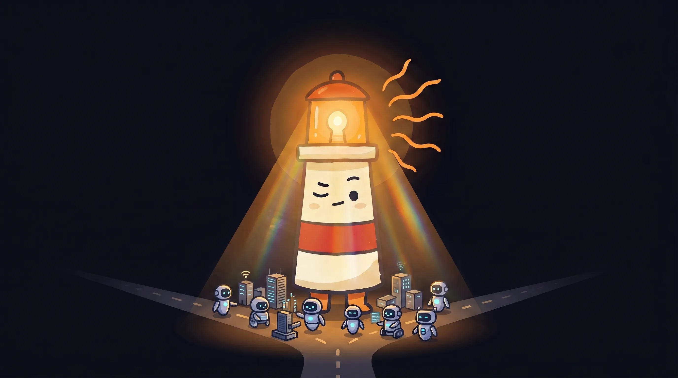 Beacon the lighthouse character shining a warm amber glow onto a small business storefront on a dark navy background.