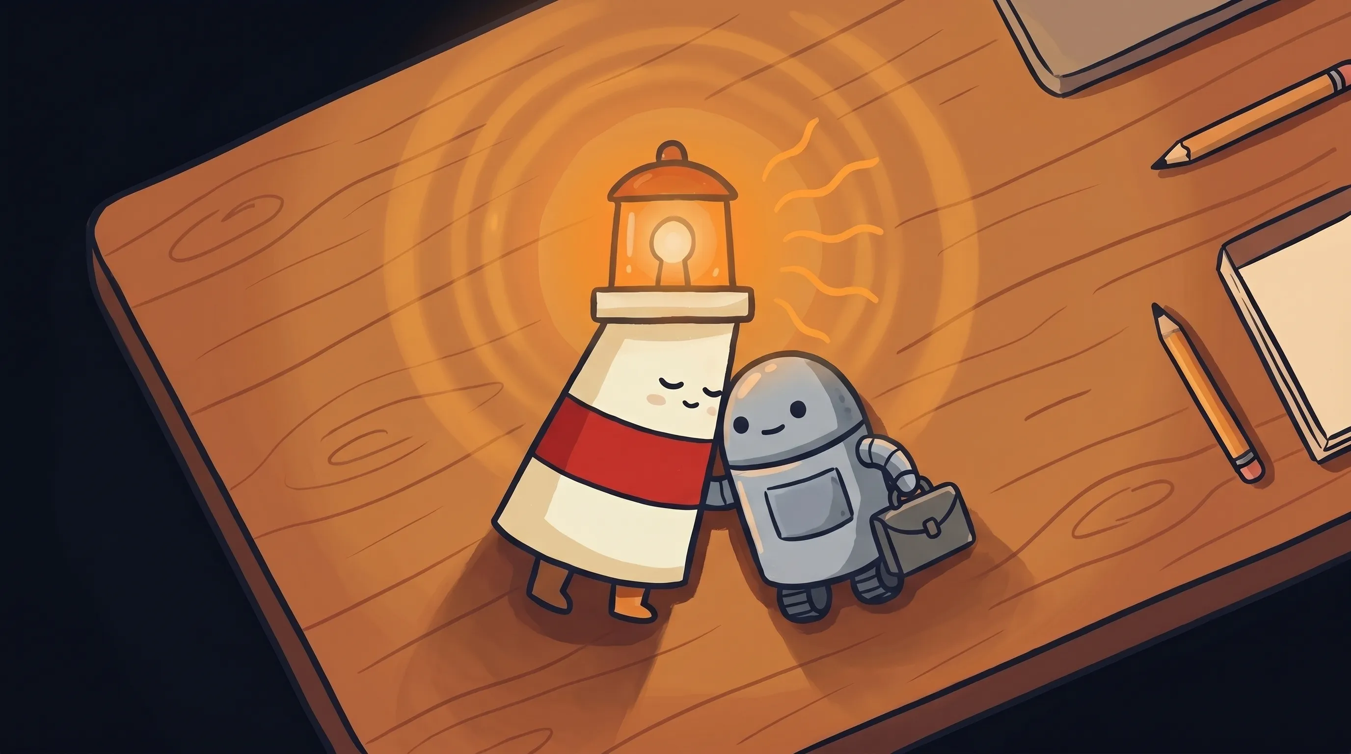 Beacon the lighthouse character shining light on a glowing AI assistant interface on dark navy background.