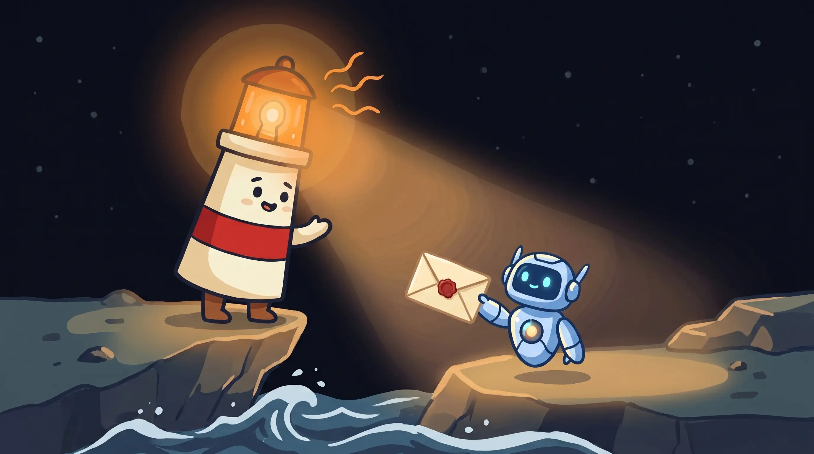 Beacon the lighthouse character shining light on an email envelope, guiding small businesses toward the best AI virtual as...
