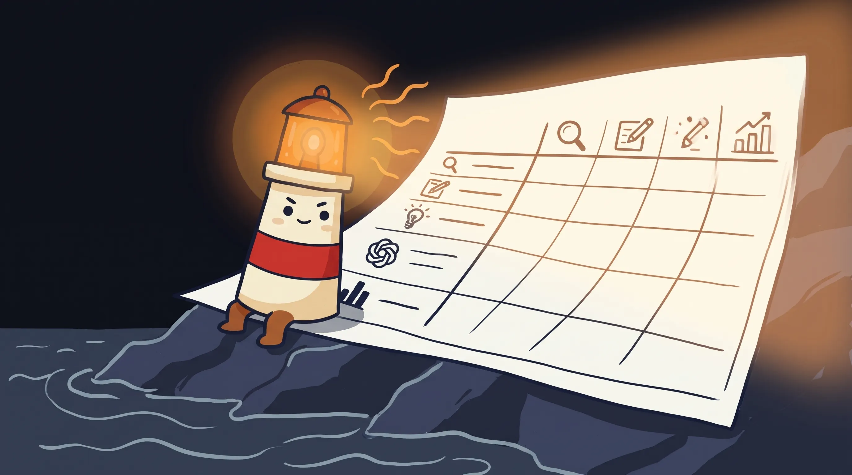 Beacon the lighthouse illuminating a smartphone displaying follow-up reminders, symbolizing AI virtual assistant tools for...