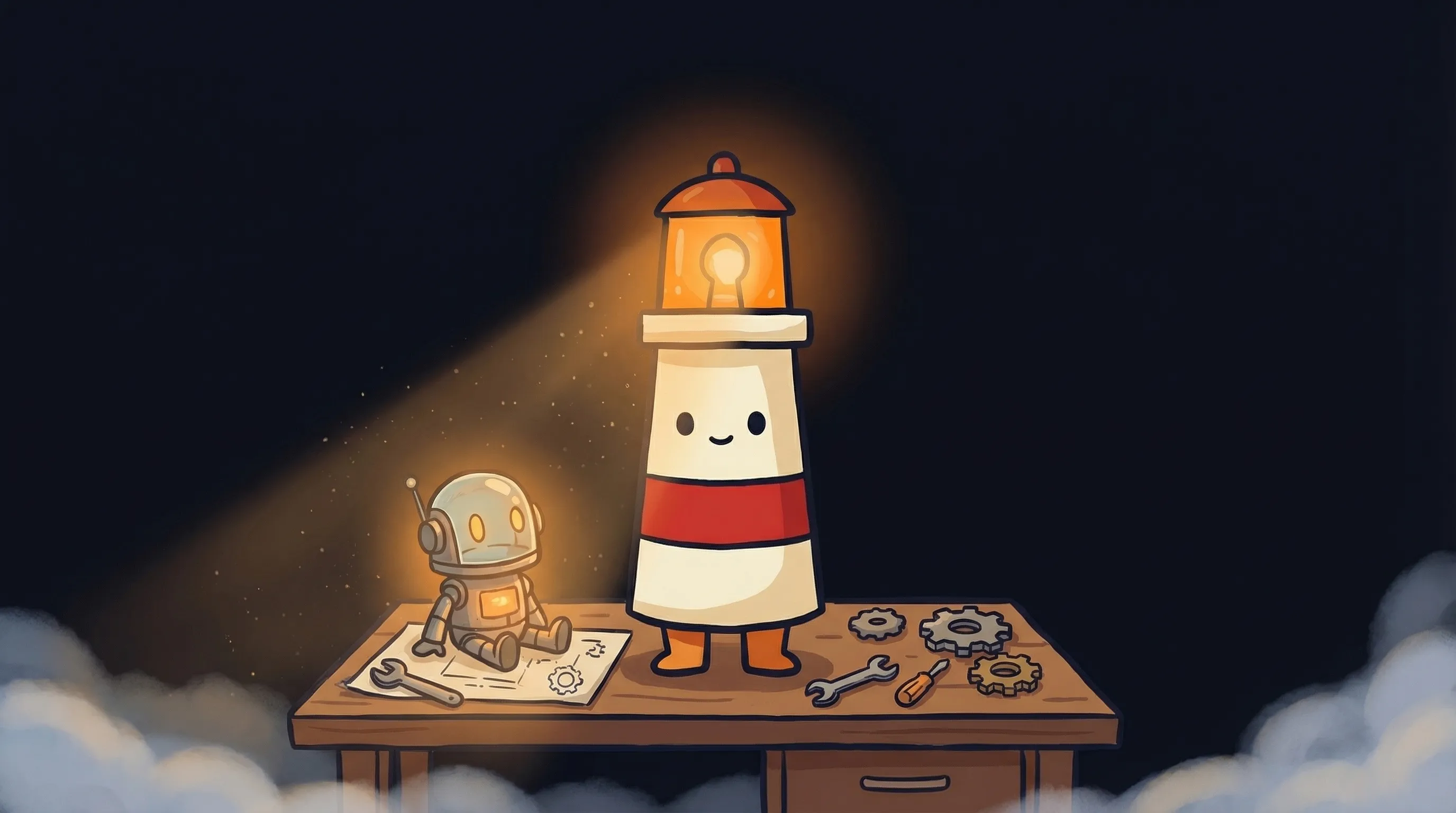 Beacon the lighthouse character shining its amber glow onto a glowing AI assistant interface on a dark navy background.
