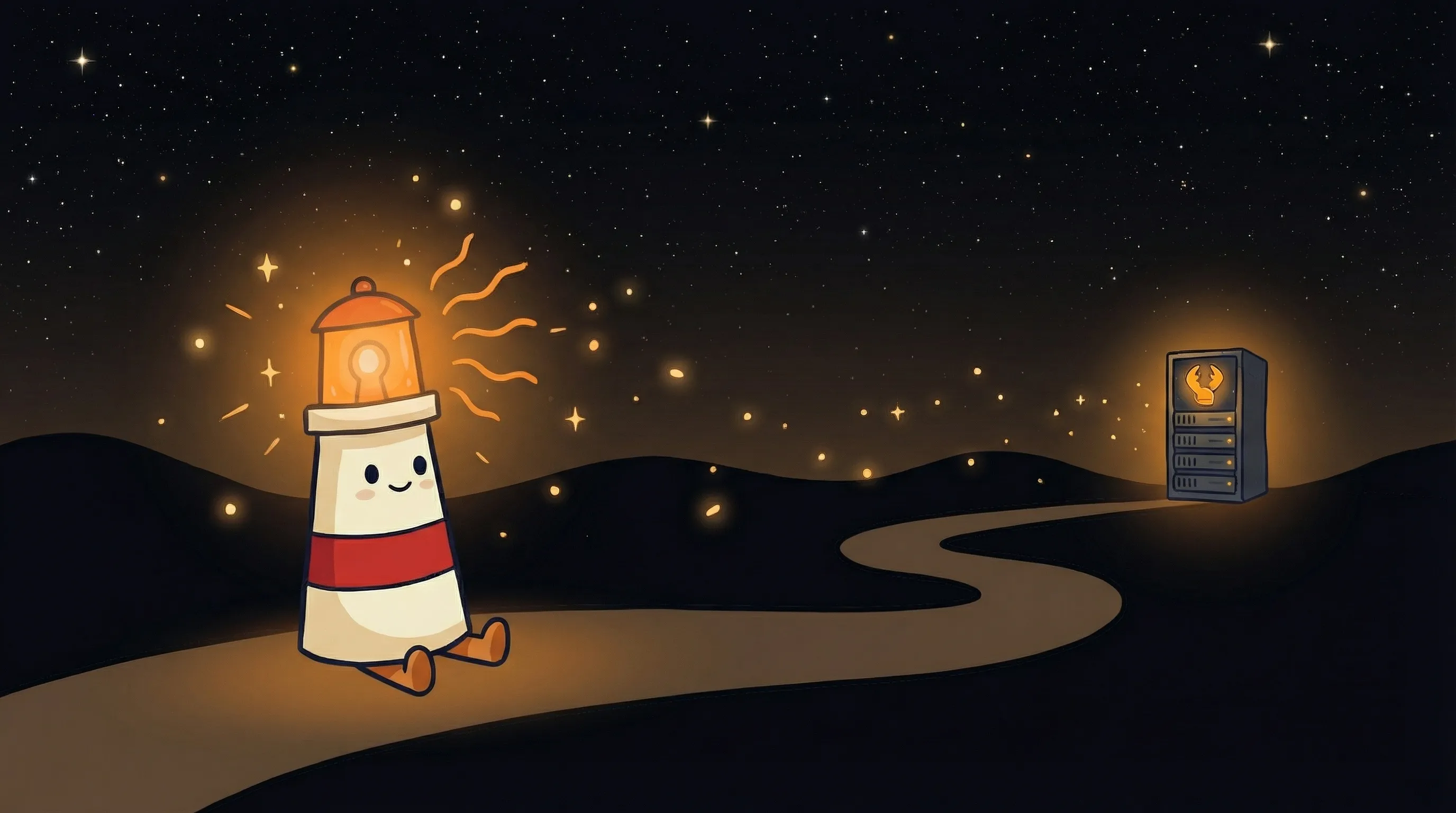 Beacon the lighthouse character shining light on server hosting options, cream body with red stripe and glowing amber lant...