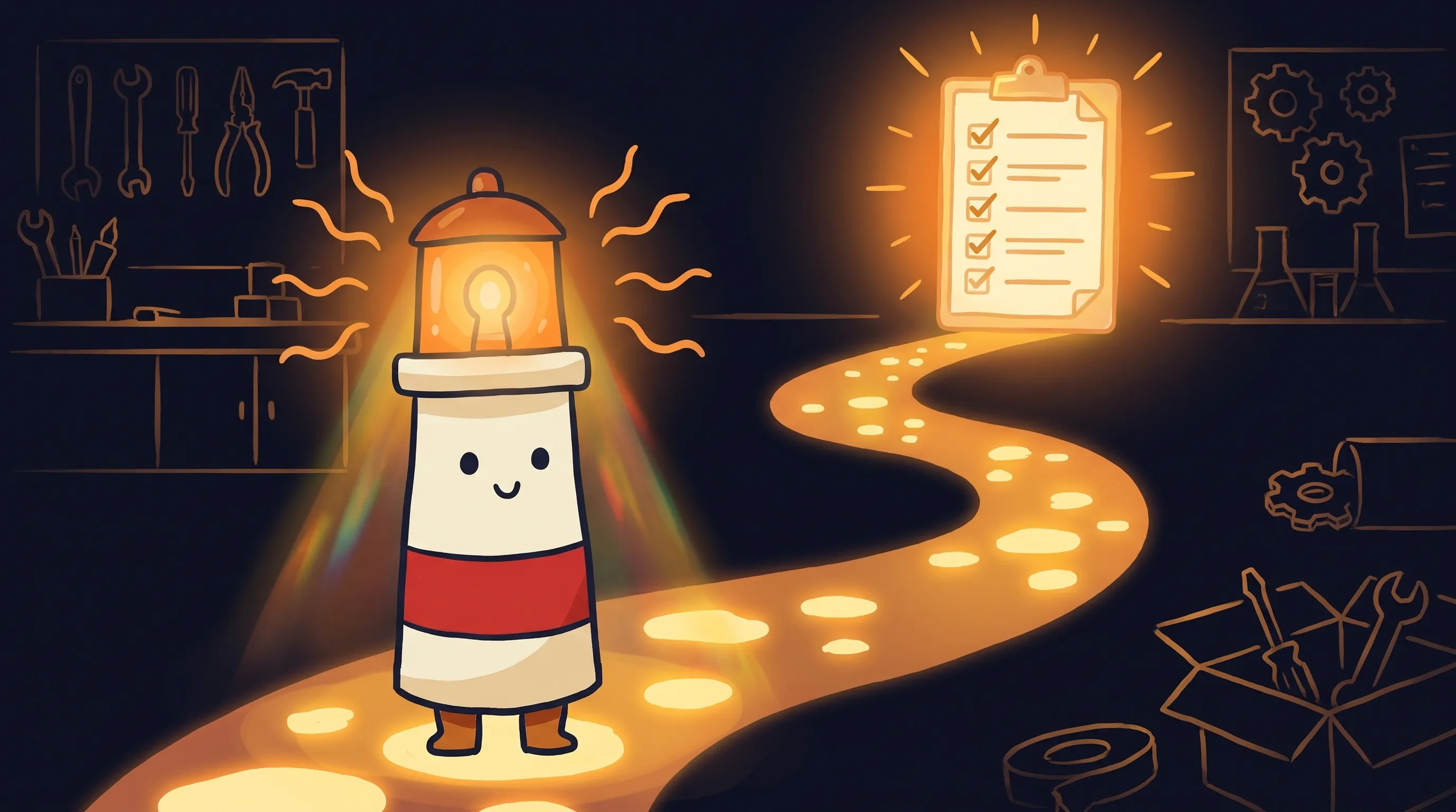 Beacon the lighthouse character shining light on a small business checklist, with glowing amber lantern and red stripe on ...