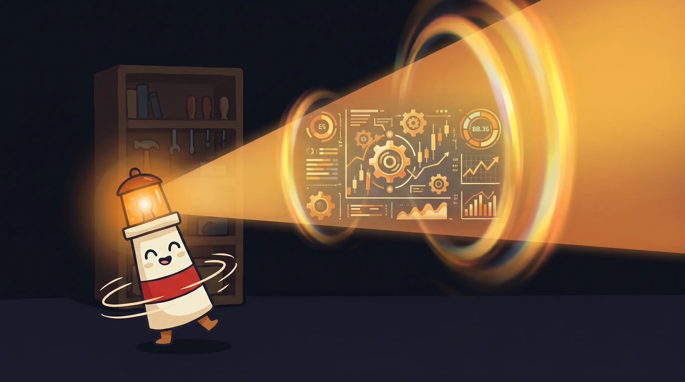 Beacon the lighthouse illuminating a glowing AI trading dashboard, cream body with red stripe, amber light beaming on risi...