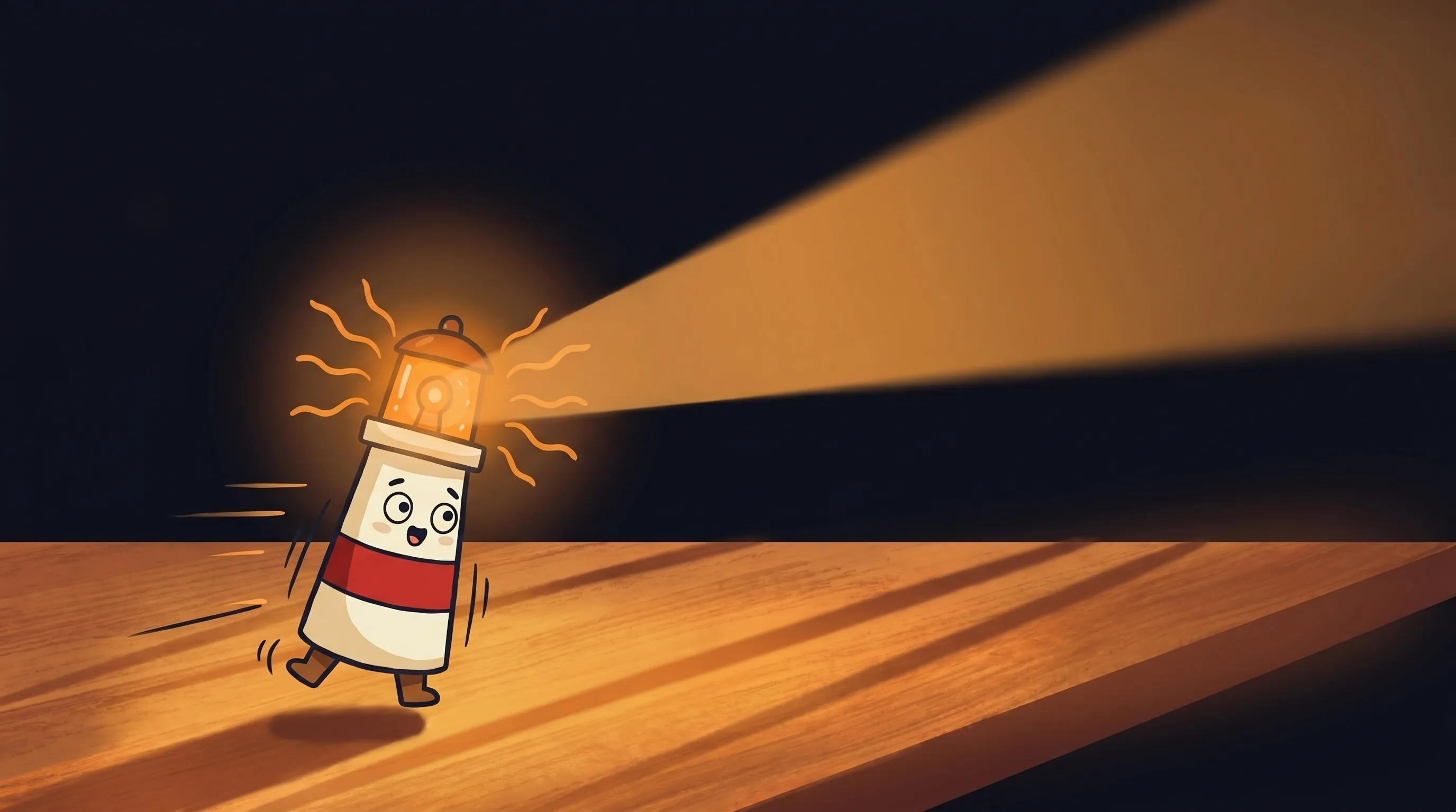 Beacon the lighthouse illuminating a glowing AI circuit board, cream body with red stripe, amber light beaming down on dig...