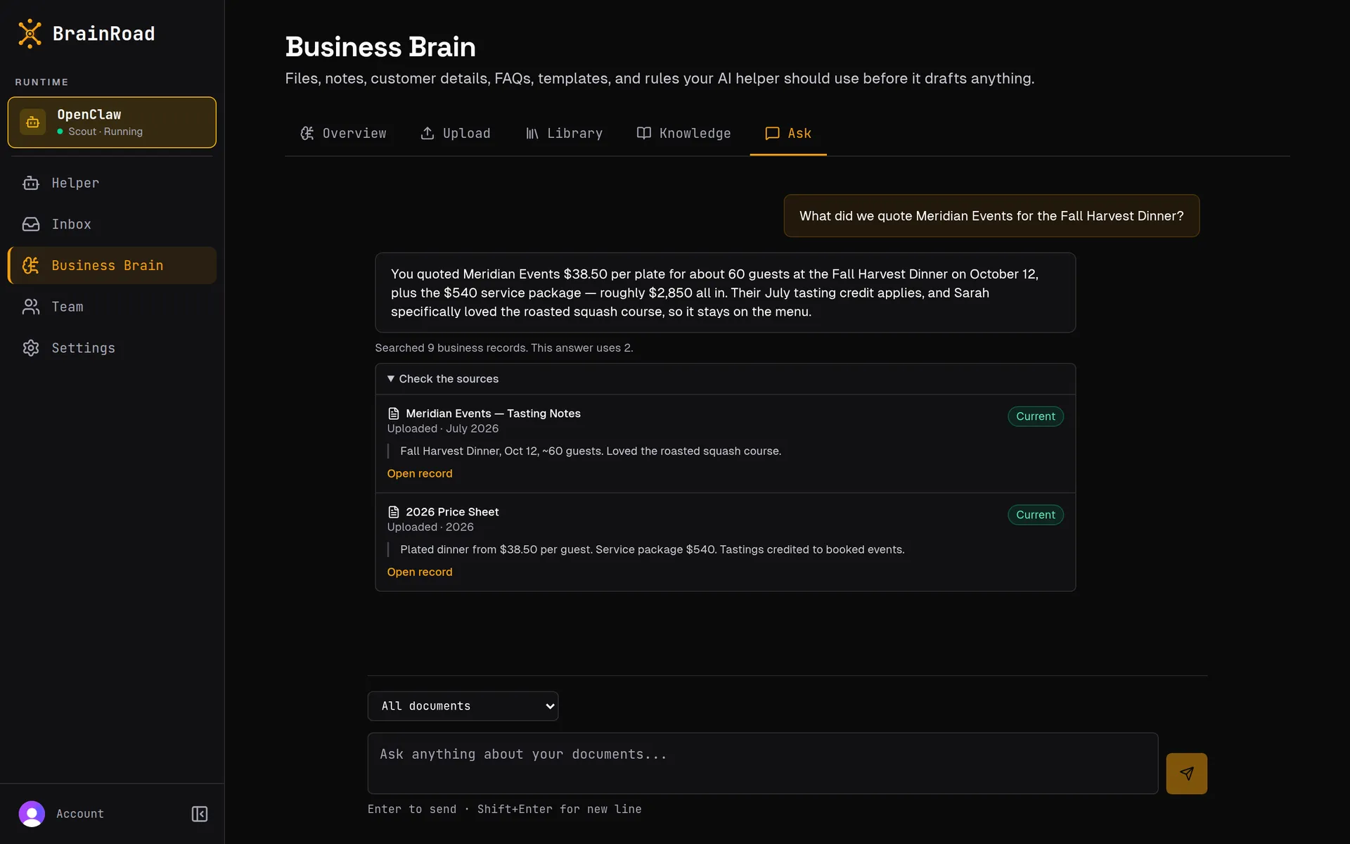 BrainRoad Ask screen answering a pricing question with the exact quote, with the two source records it came from linked under the answer