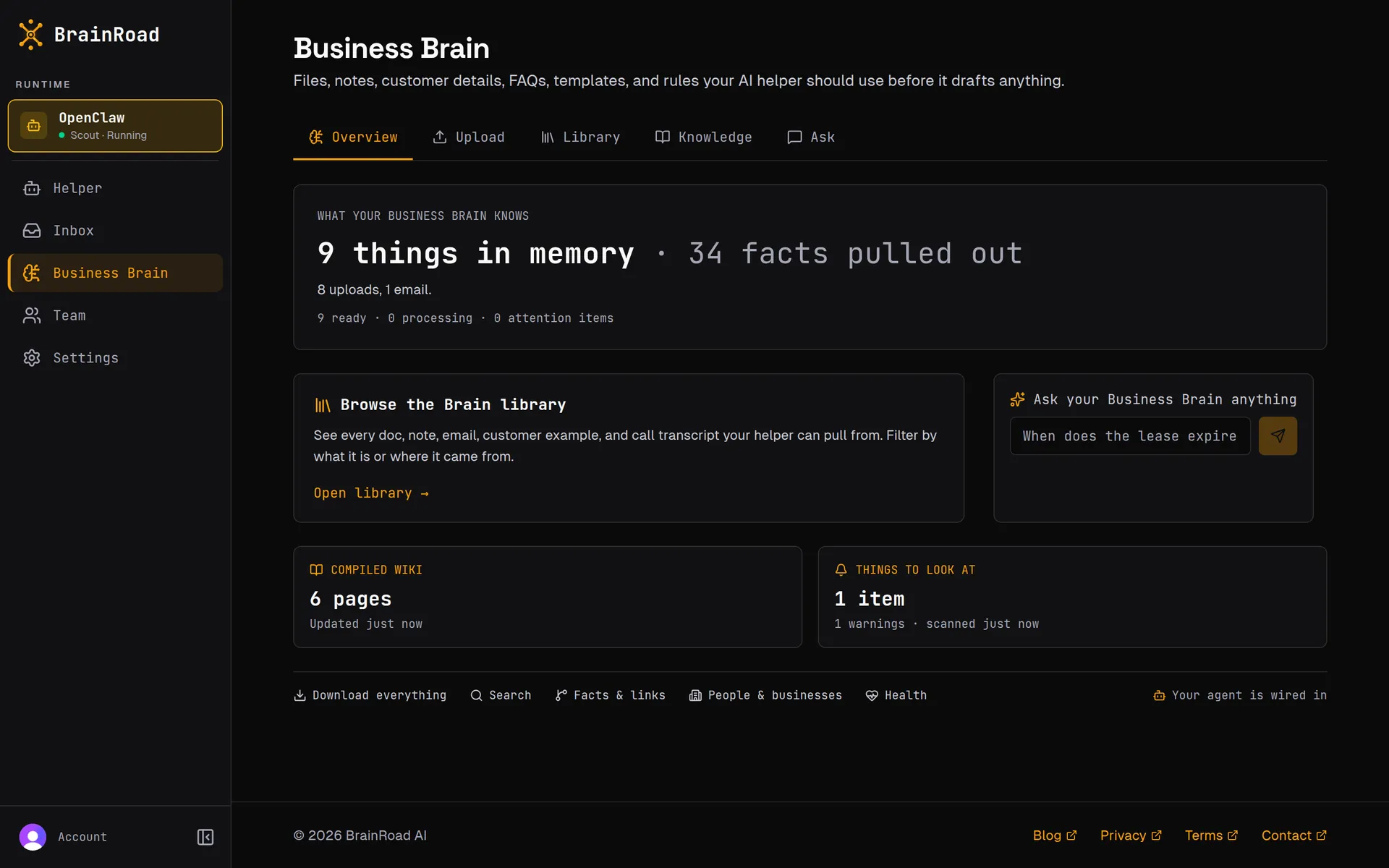 BrainRoad Business Brain overview showing records in memory, facts pulled out, a compiled knowledge base, and a health check