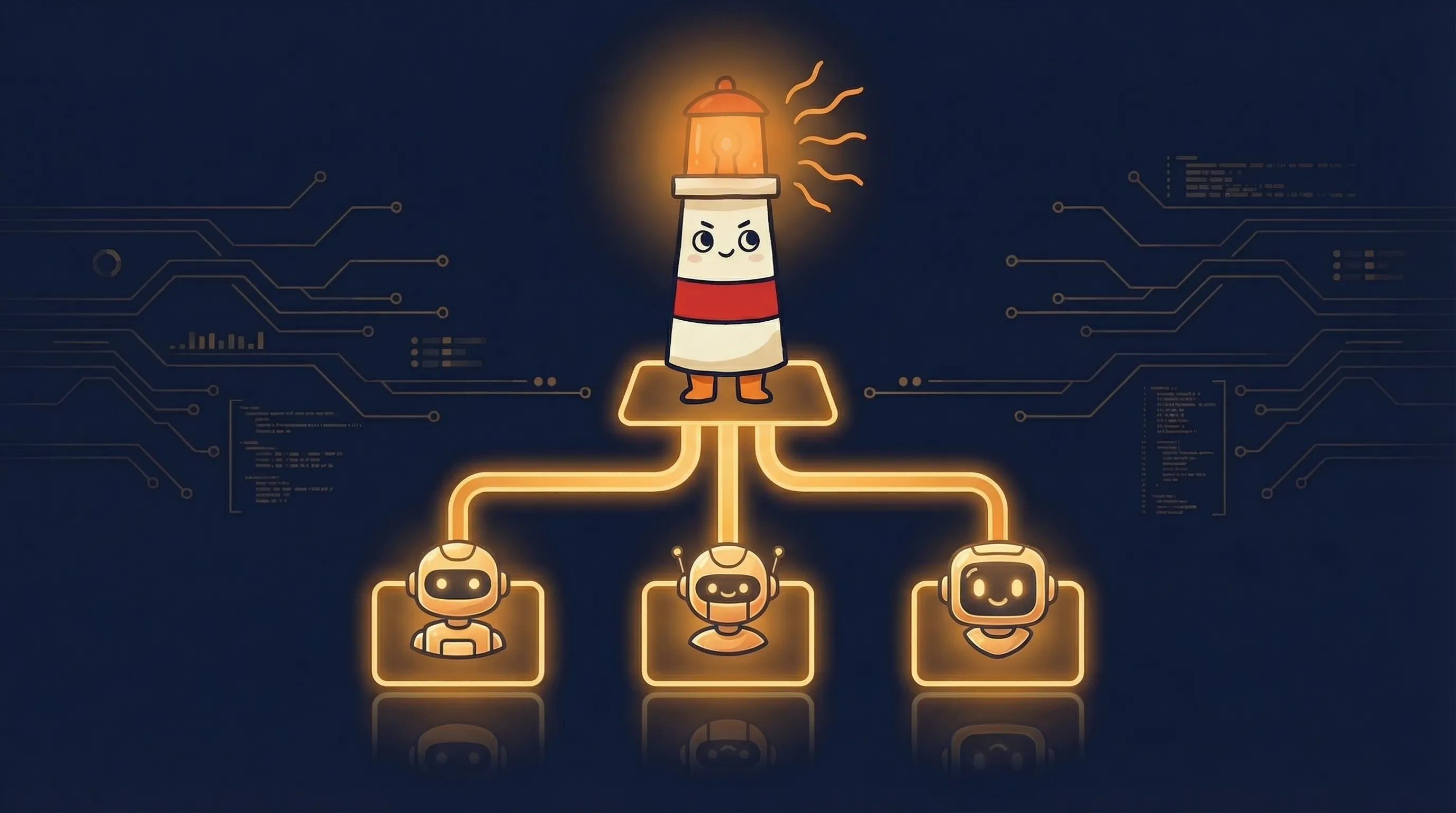 Beacon the lighthouse character standing at the head of an org chart with multiple AI agent nodes below, representing an AI company structure