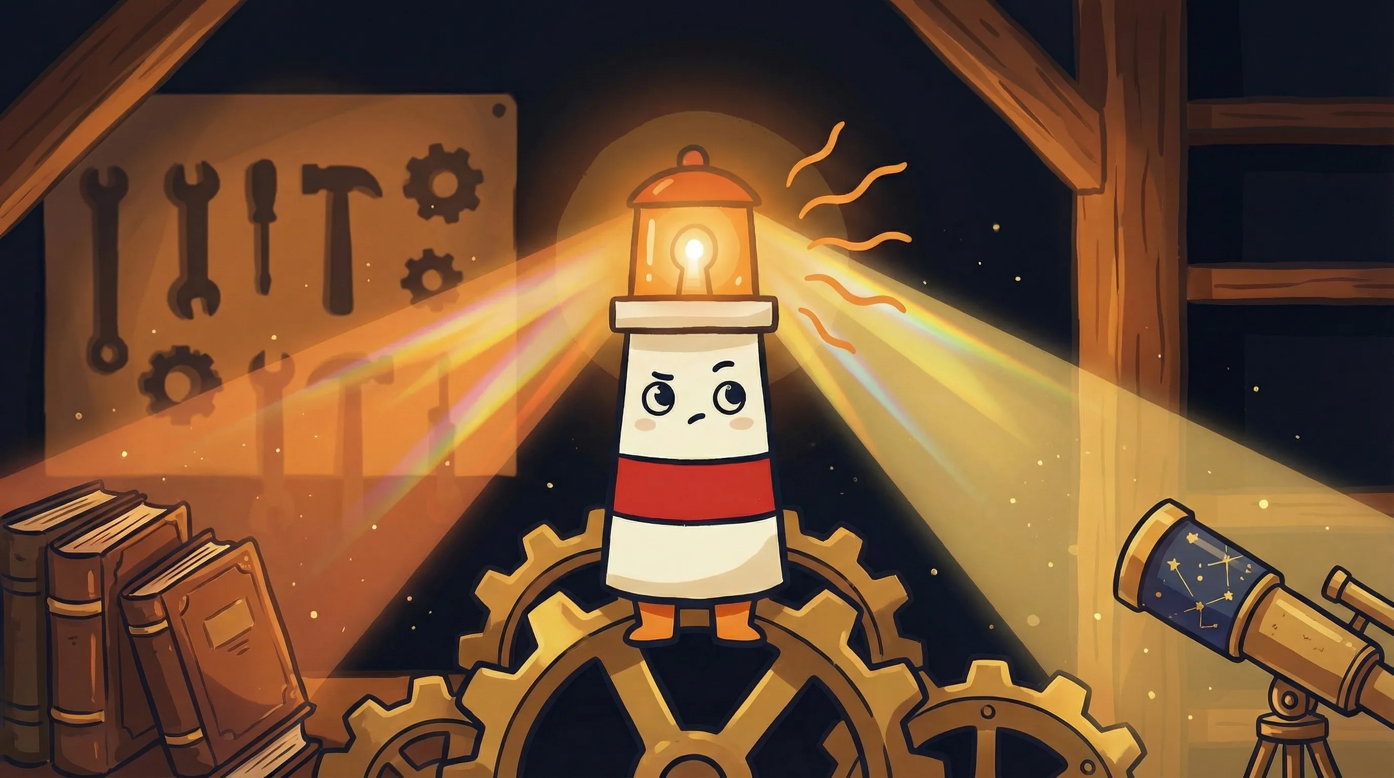 Beacon the lighthouse illuminating two AI platform logos side by side on a dark navy background.