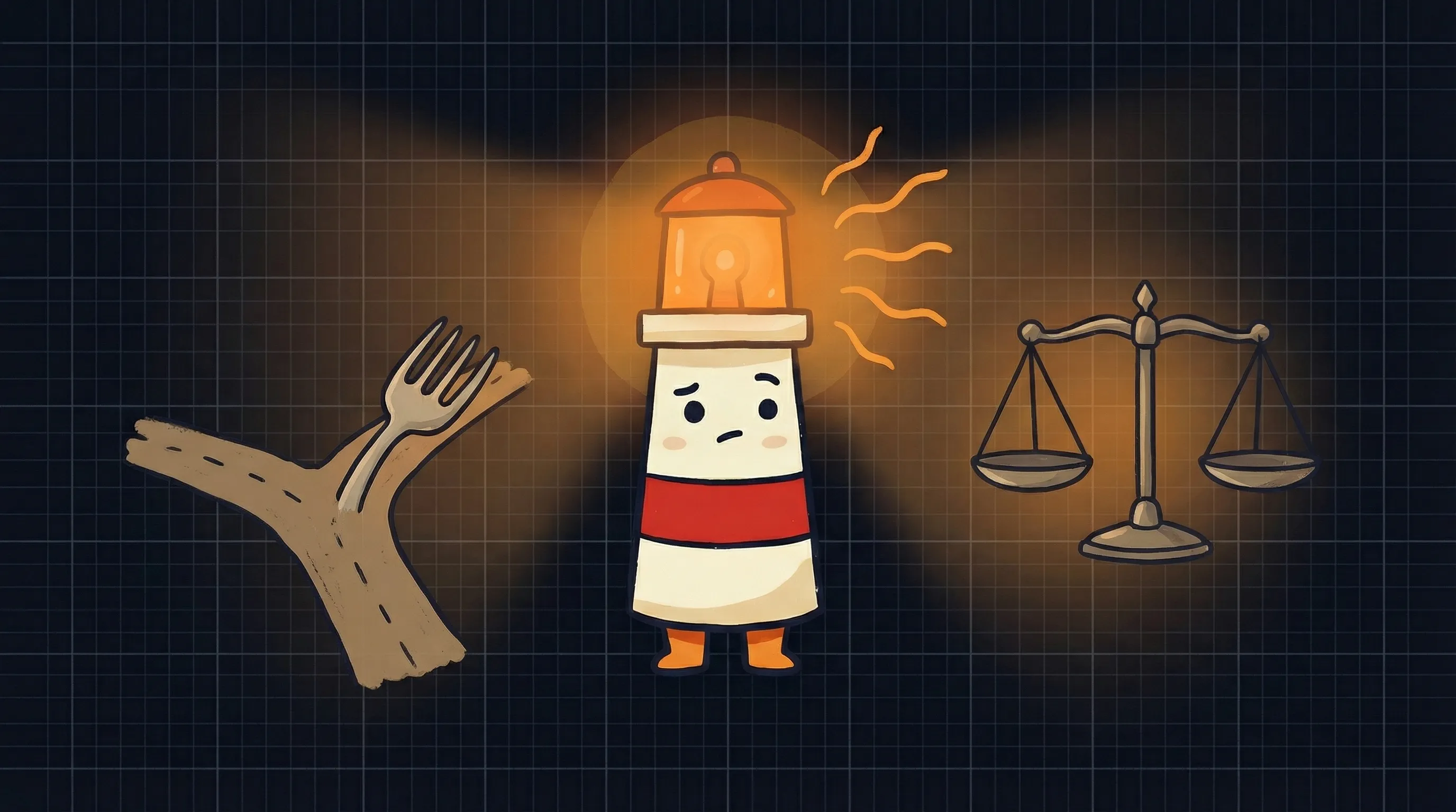 Beacon the lighthouse illuminating AI workflow icons with its amber glow on a dark navy background.