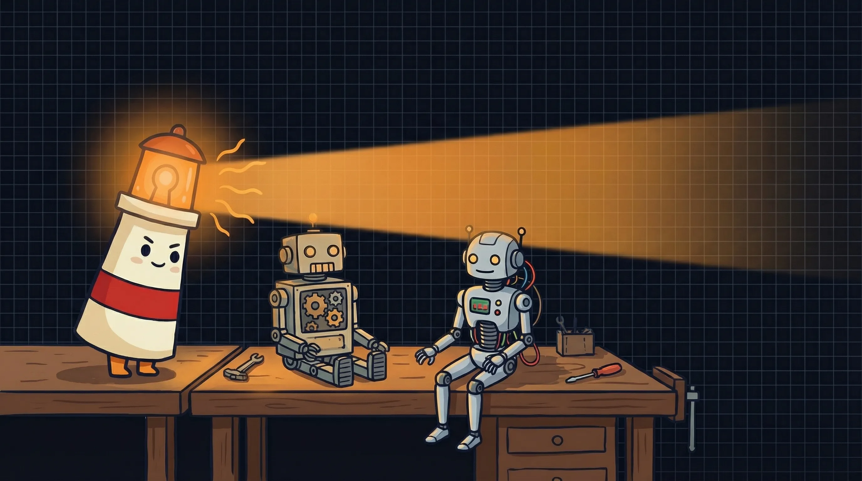 Beacon the lighthouse character shining light on two AI agent platforms, BrainRoad and Lindy AI, on a dark navy background.