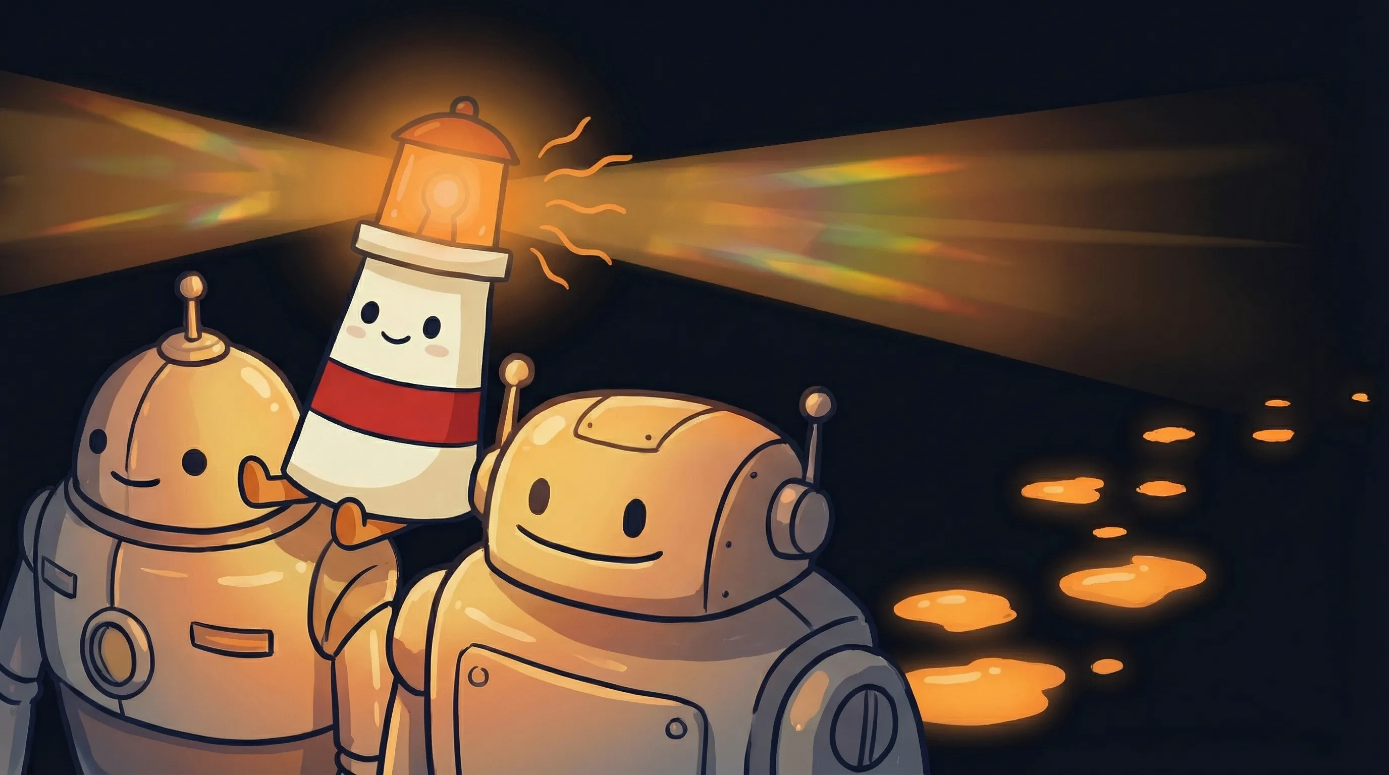 Beacon the lighthouse character shining light on two AI assistant app icons on a dark navy background.
