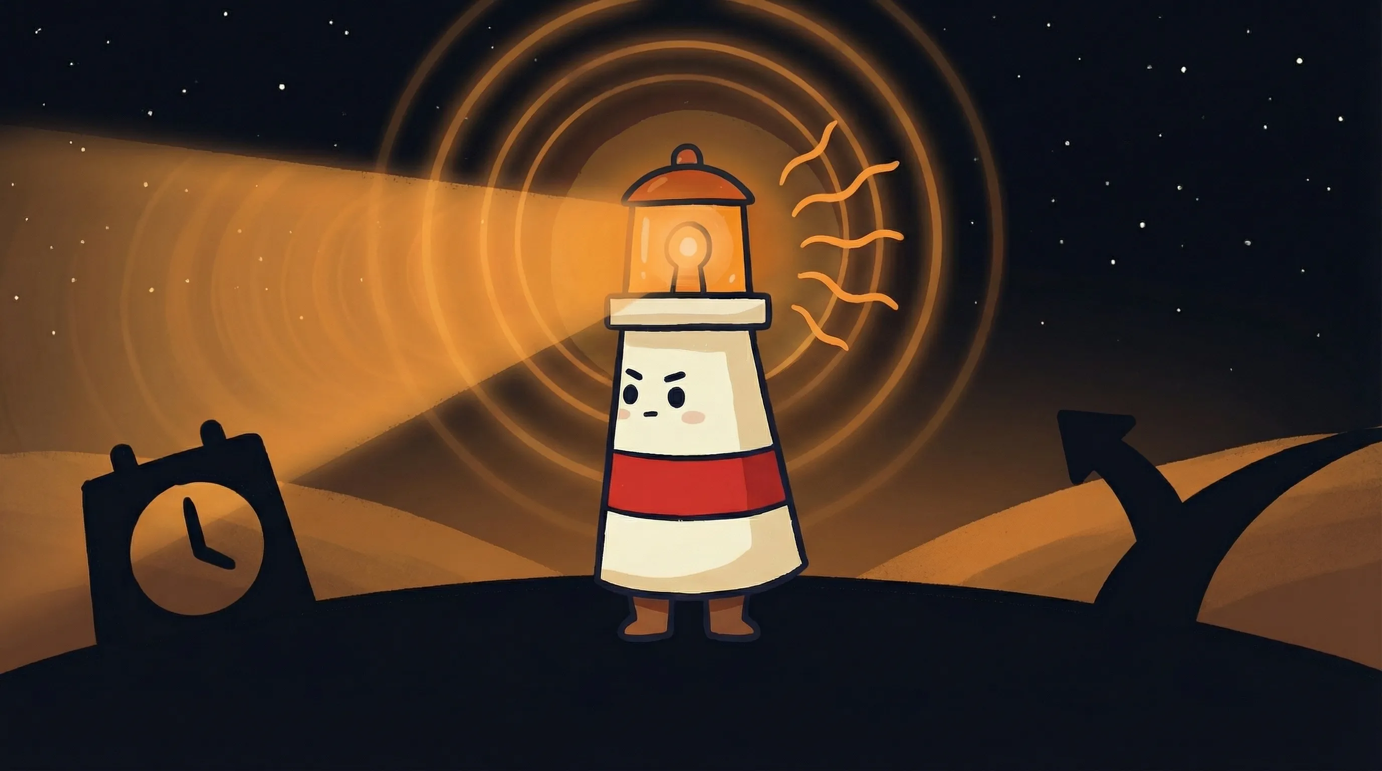 Beacon the lighthouse character shining light on two AI assistant app icons side by side on dark navy background.