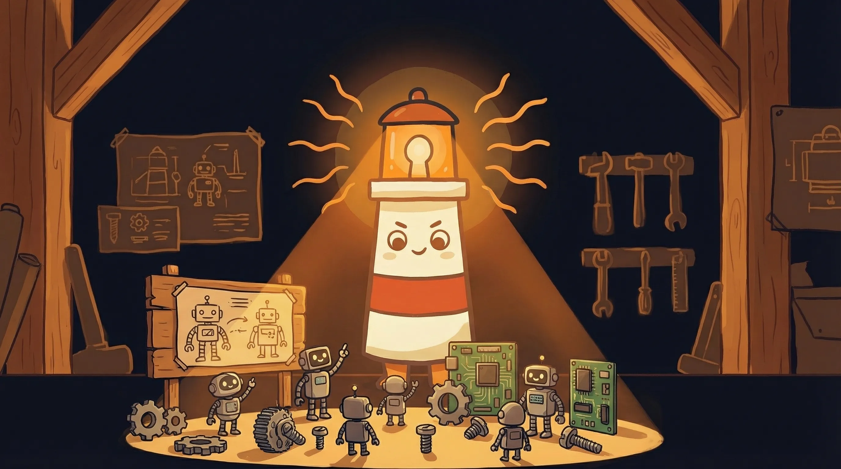 Beacon the lighthouse character shining light on a feature announcement scroll, illustrating AI content automation on navy...