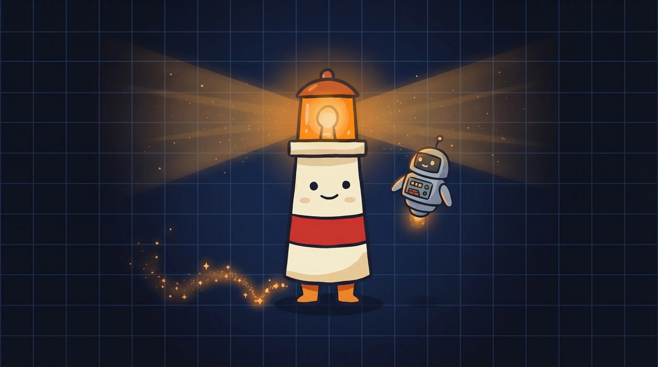 Beacon the lighthouse illuminating a glowing AI agent platform dashboard, cream body with red stripe, amber light beaming ...