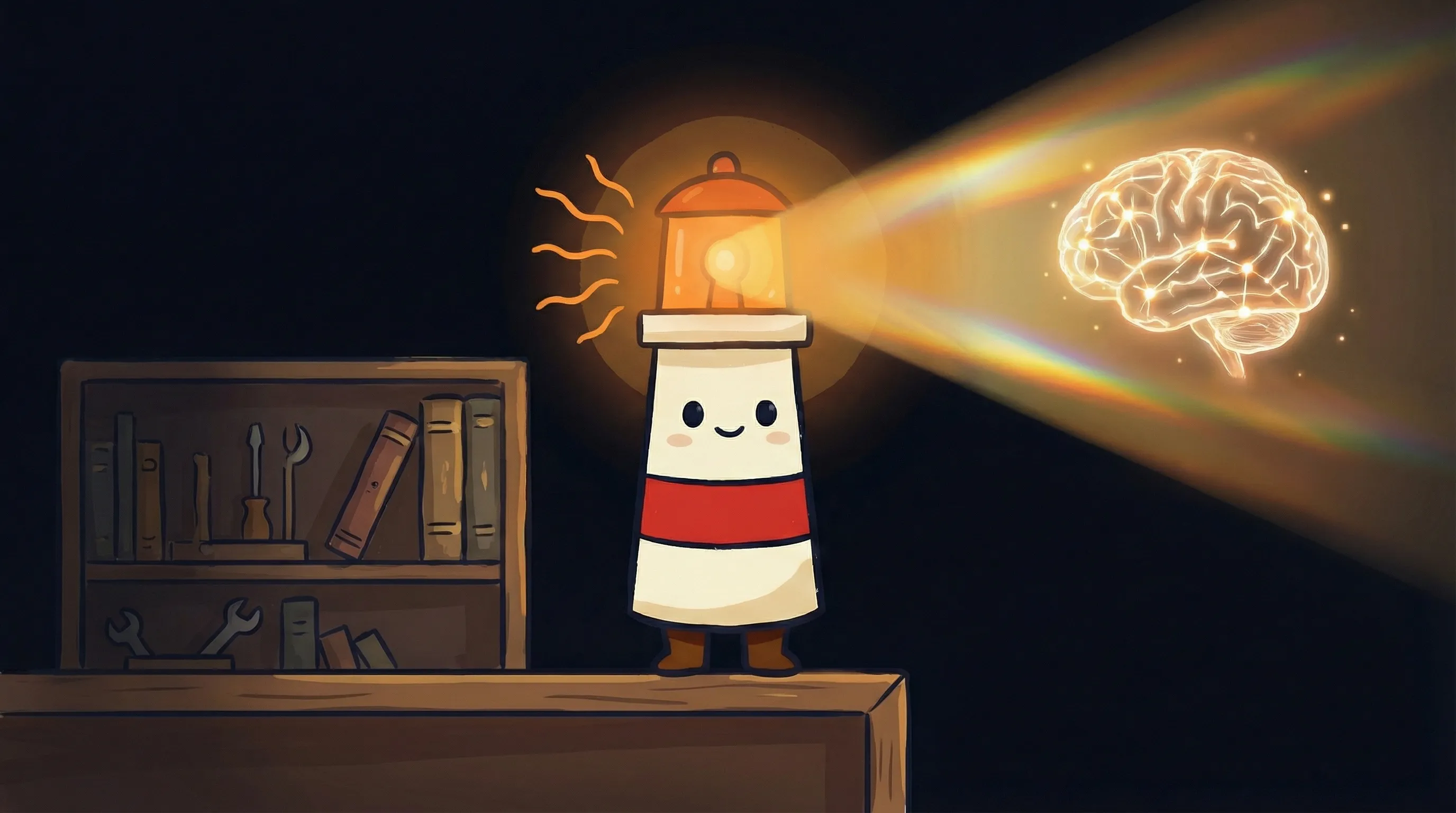 Beacon the lighthouse character shining its amber light onto a glowing AI knowledge base on a dark navy background.