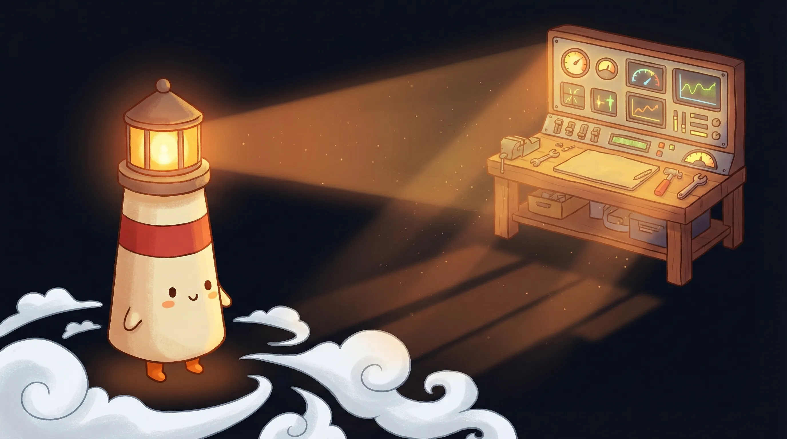 Beacon the lighthouse character shining its amber glow onto a glowing AI dashboard display on dark navy background.