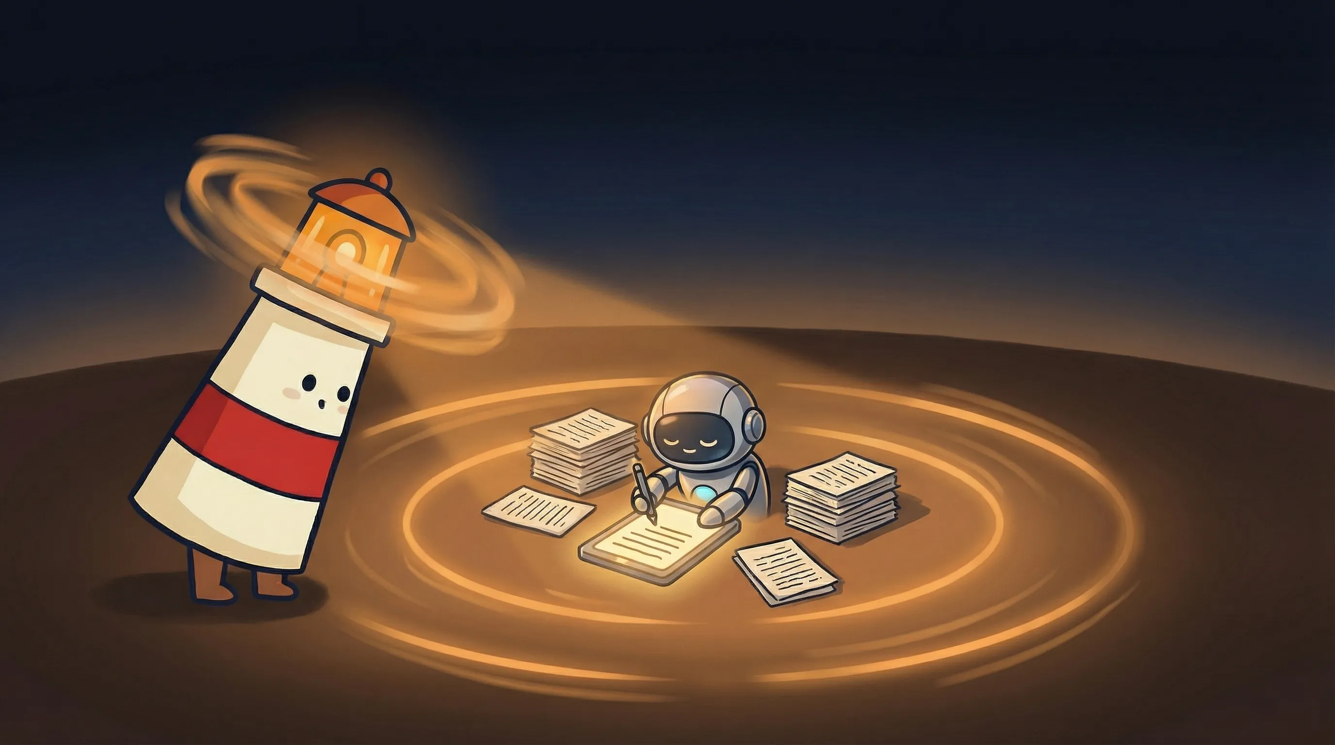 Beacon the lighthouse character shining a warm amber glow onto a flowing content pipeline of connected gears and documents.
