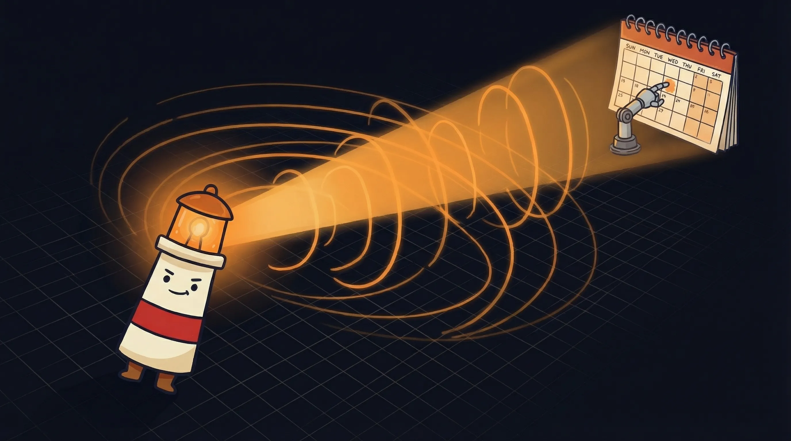Beacon the lighthouse illuminating a glowing calendar, its amber light highlighting scheduled events on a dark navy backgr...