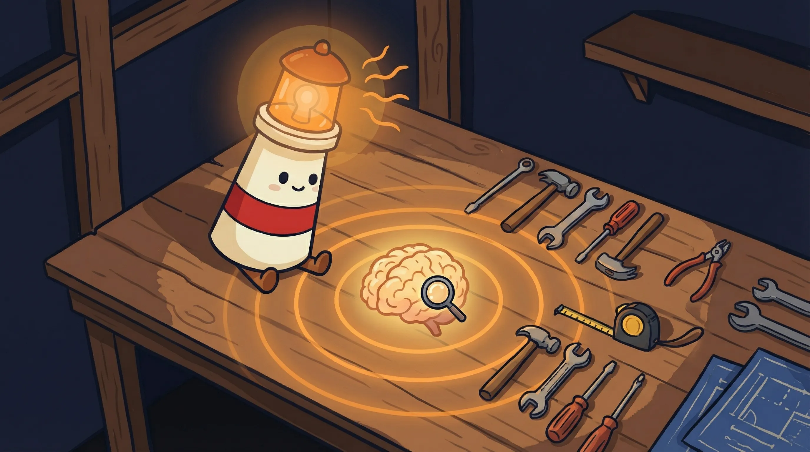 Beacon the lighthouse character shining amber light onto a glowing search index card, representing an AI-searchable knowle...