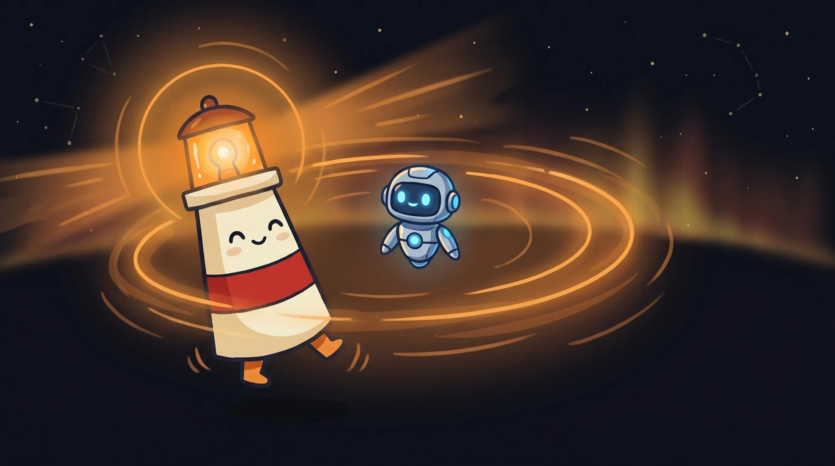 Beacon the lighthouse illuminating a glowing AI assistant interface, cream body with red stripe, amber light shining warmly.