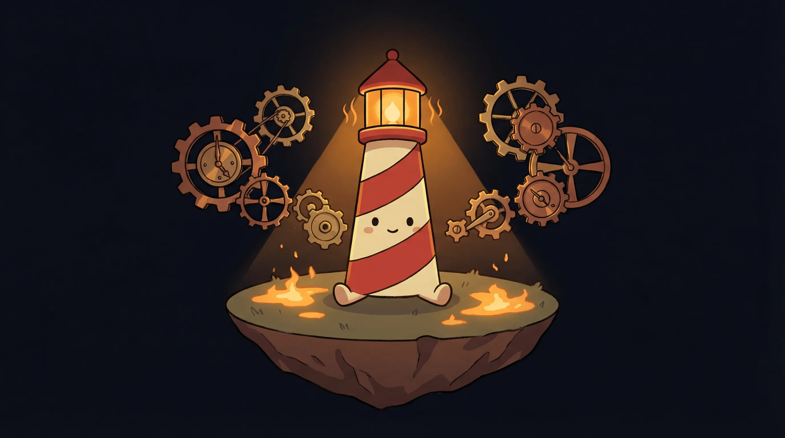 Beacon the lighthouse illuminating interconnected gears and workflow symbols, representing business process automation.