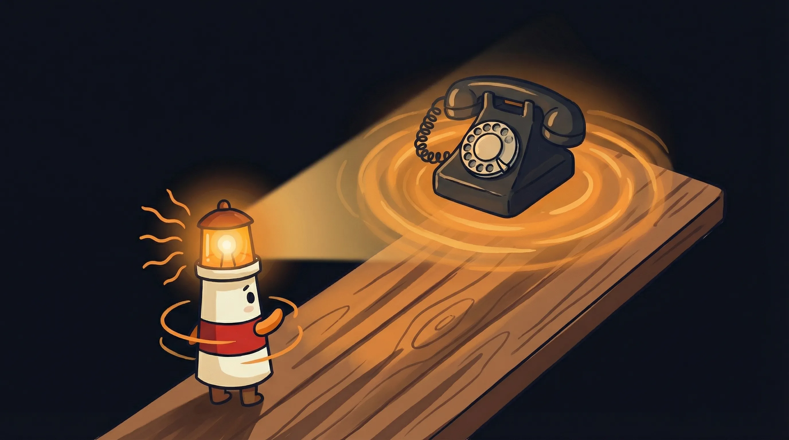 Beacon the lighthouse character shining light on a vintage telephone, symbolizing an AI phone assistant you can call anytime.