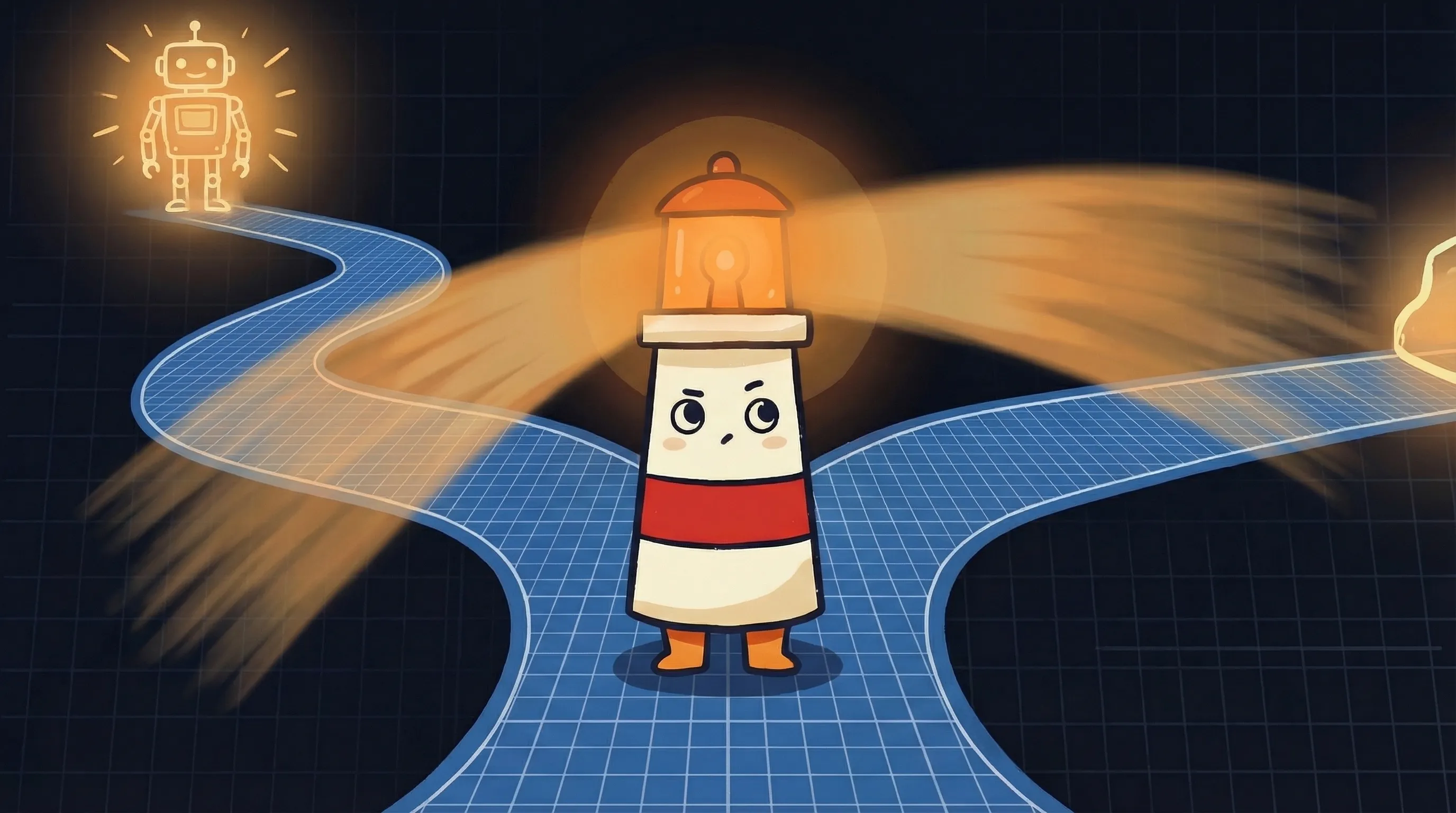 Beacon the lighthouse character shining its amber glow on a chat bubble and action arrow, illustrating a ChatGPT alternative.
