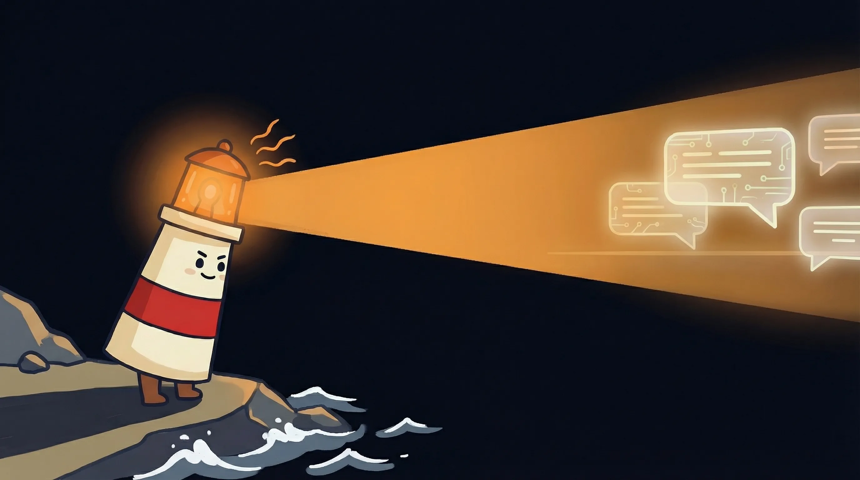 Beacon the lighthouse character shining light on a ChatGPT alternative, flat 2D illustration on dark navy background.