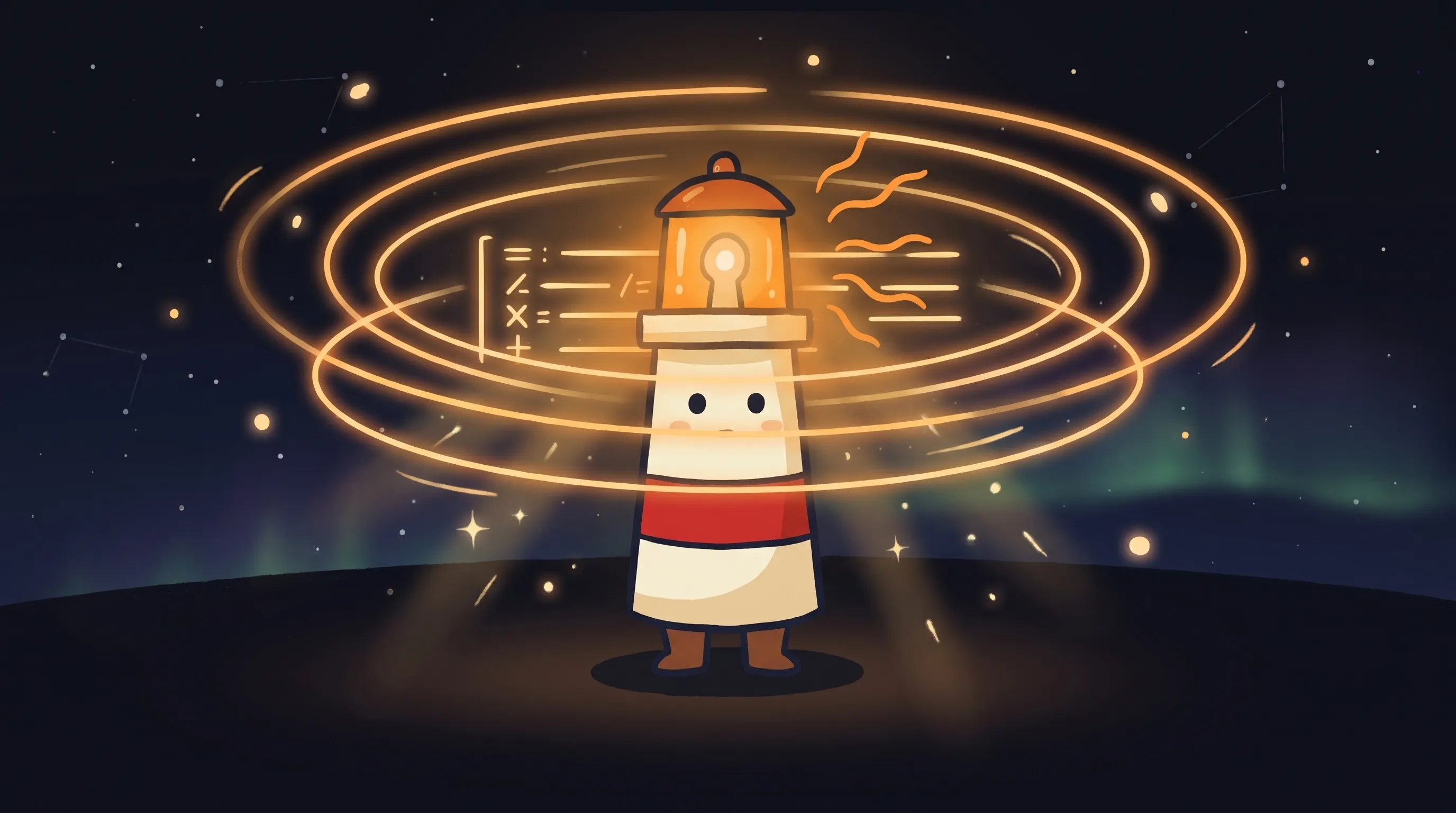 Beacon the lighthouse character shining light on a small business work order, illustrating ChatGPT prompts for small busin...