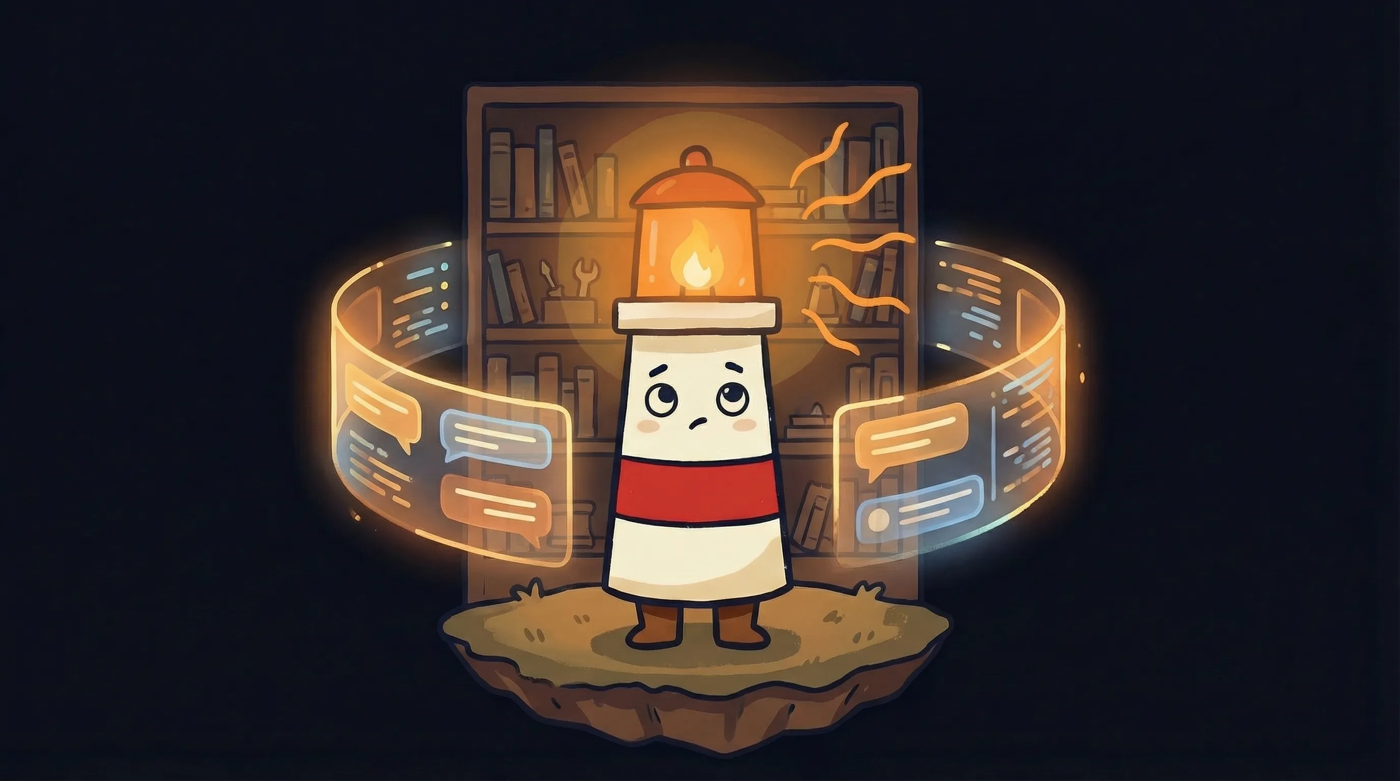 Beacon the lighthouse illuminating a glowing AI virtual assistant interface, cream body with red stripe on navy background.