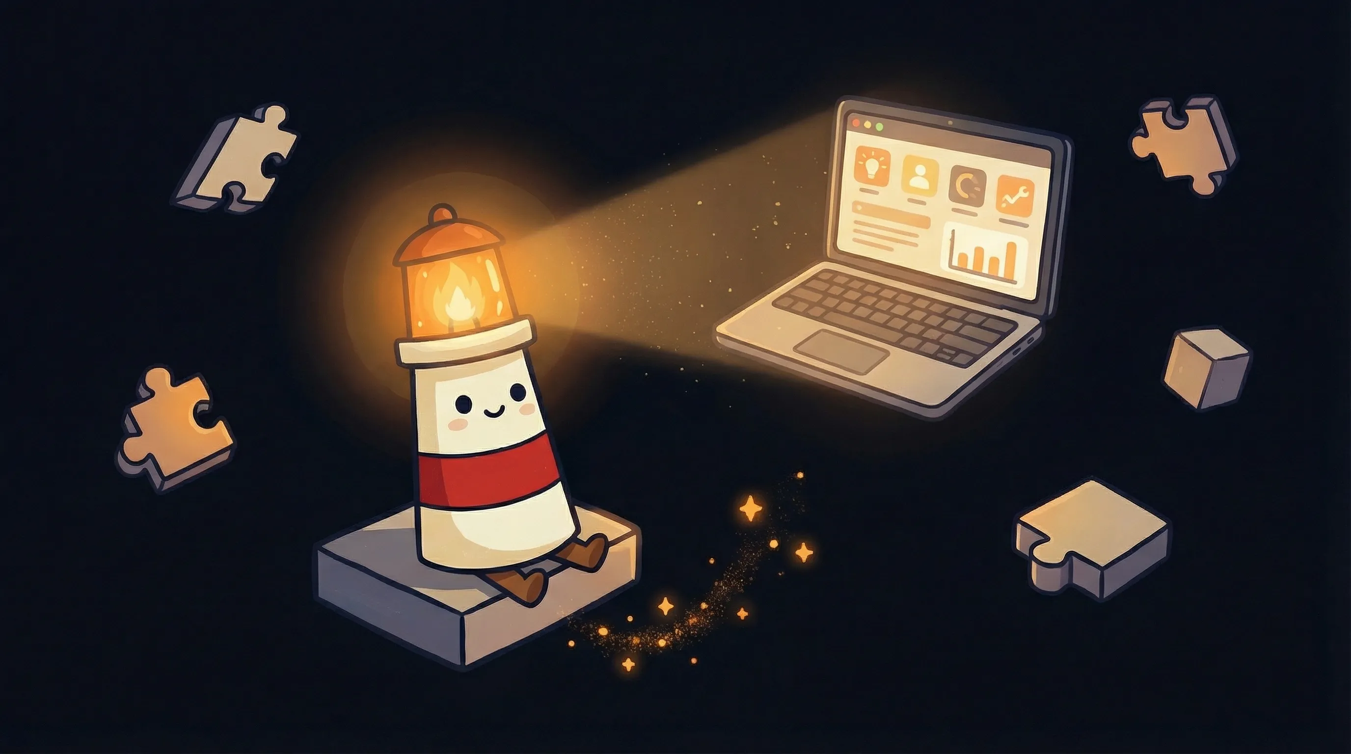 Beacon the lighthouse illuminating a computer screen showing Claude's coding interface on a dark navy background.