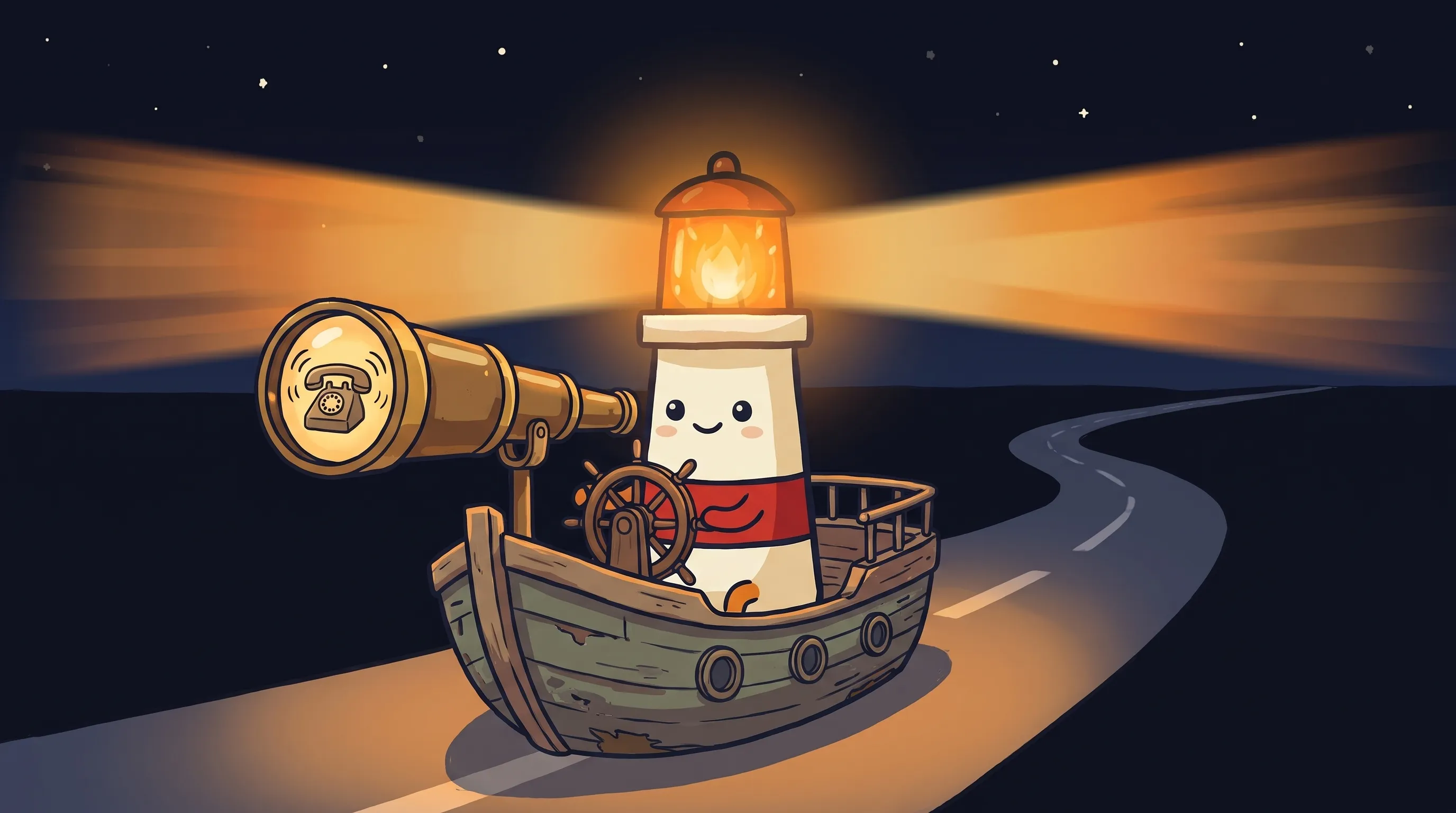 Cartoon lighthouse mascot with glowing lantern steers a wooden boat on a road at night, beside a brass telescope with a...