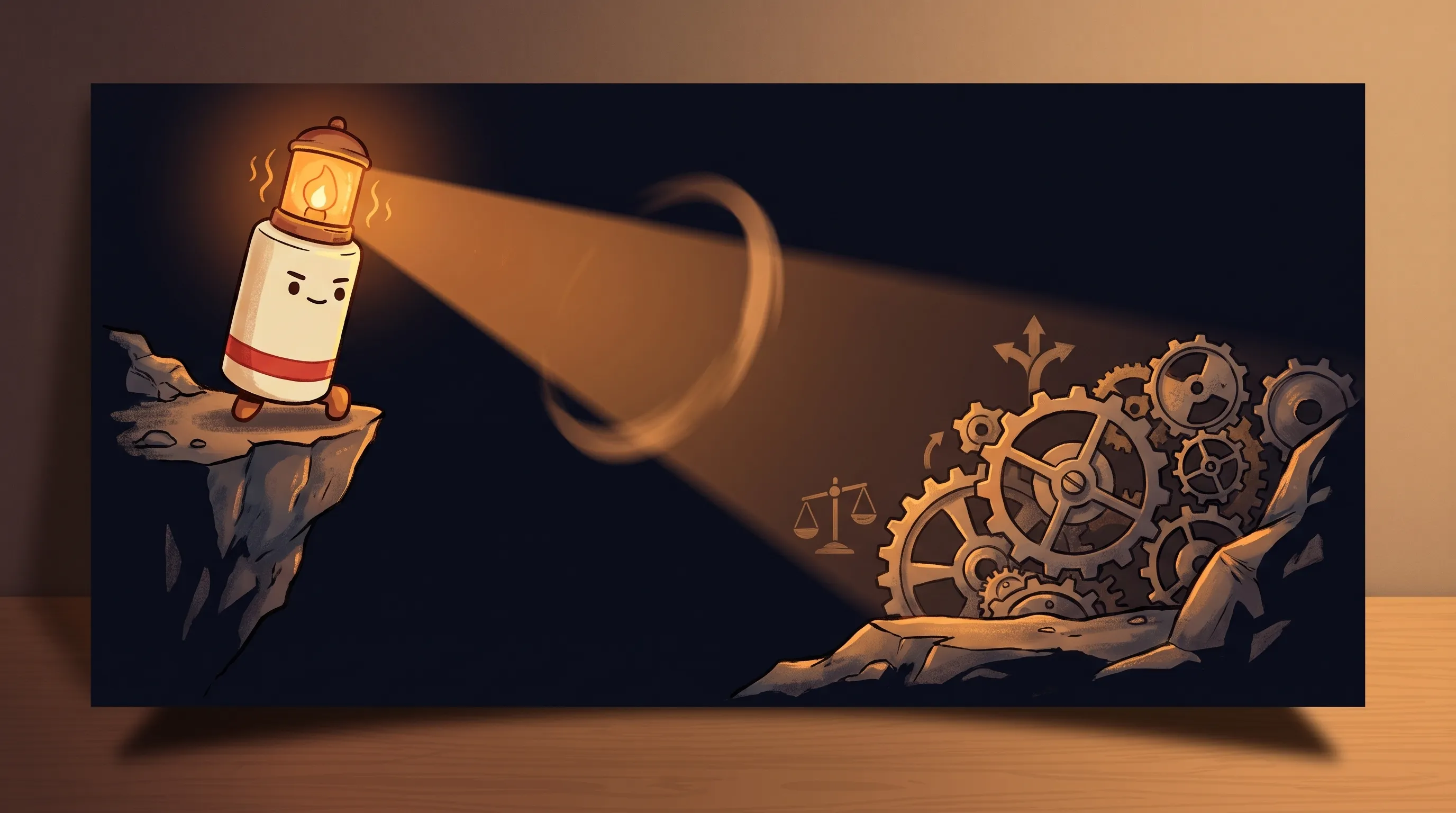 Cartoon lantern mascot on a rocky cliff shines a beam of light onto gears, scales of justice, and directional arrows in...