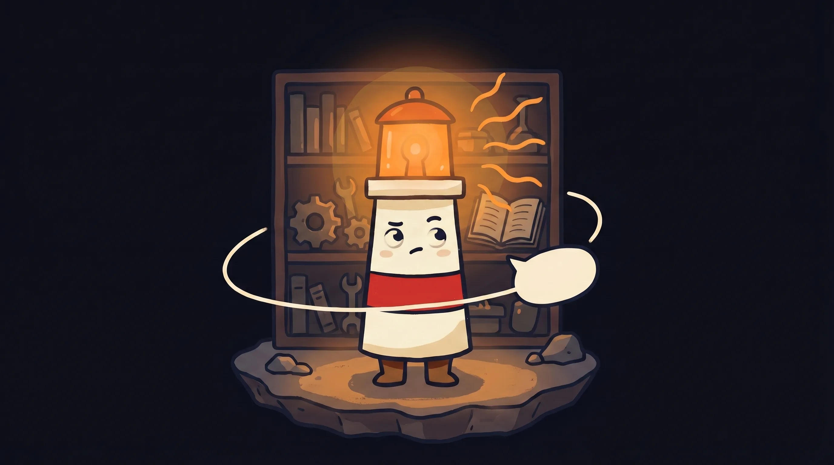 Cartoon lighthouse-shaped mascot with glowing amber lantern head, red stripe, stands on rocky platform before a dark...