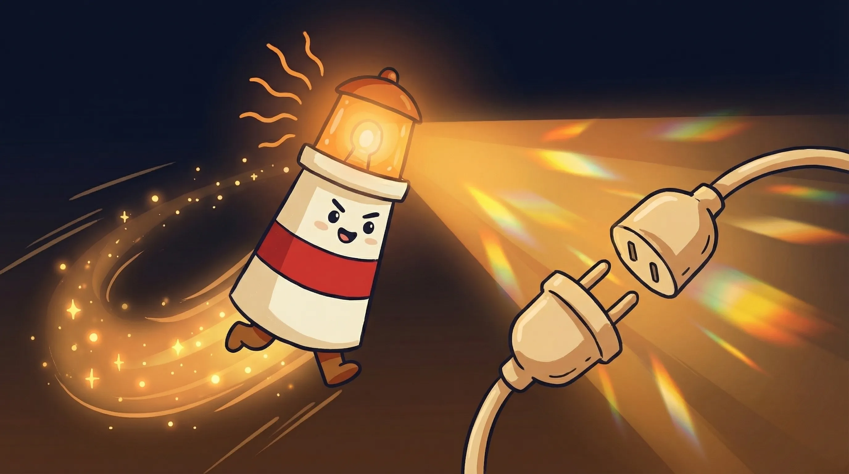 Beacon the lighthouse character shining its amber glow onto a network of connected AI nodes on a dark navy background.