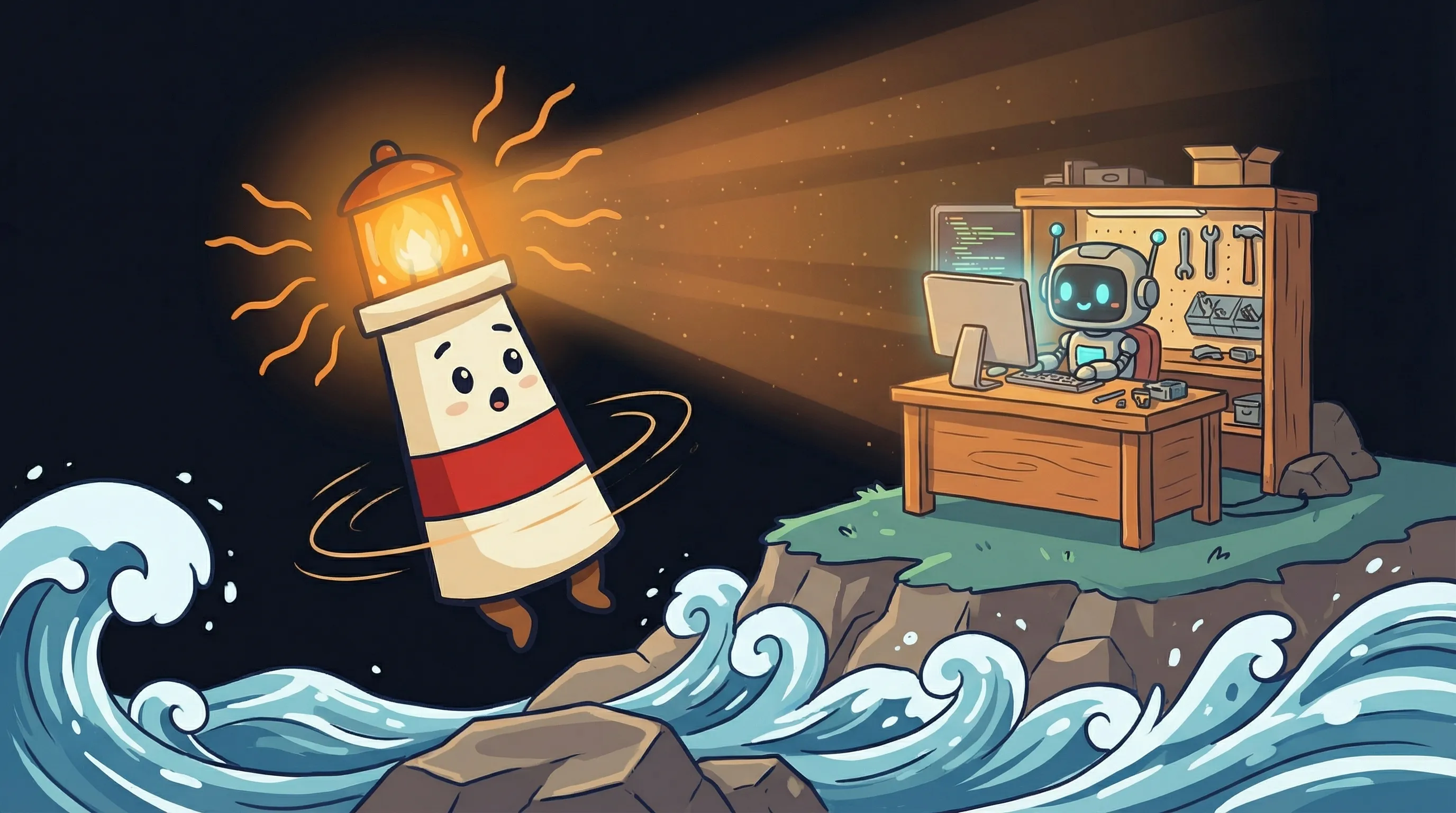 Beacon the lighthouse illuminating Claude Opus 4 text with its amber glow on a dark navy background