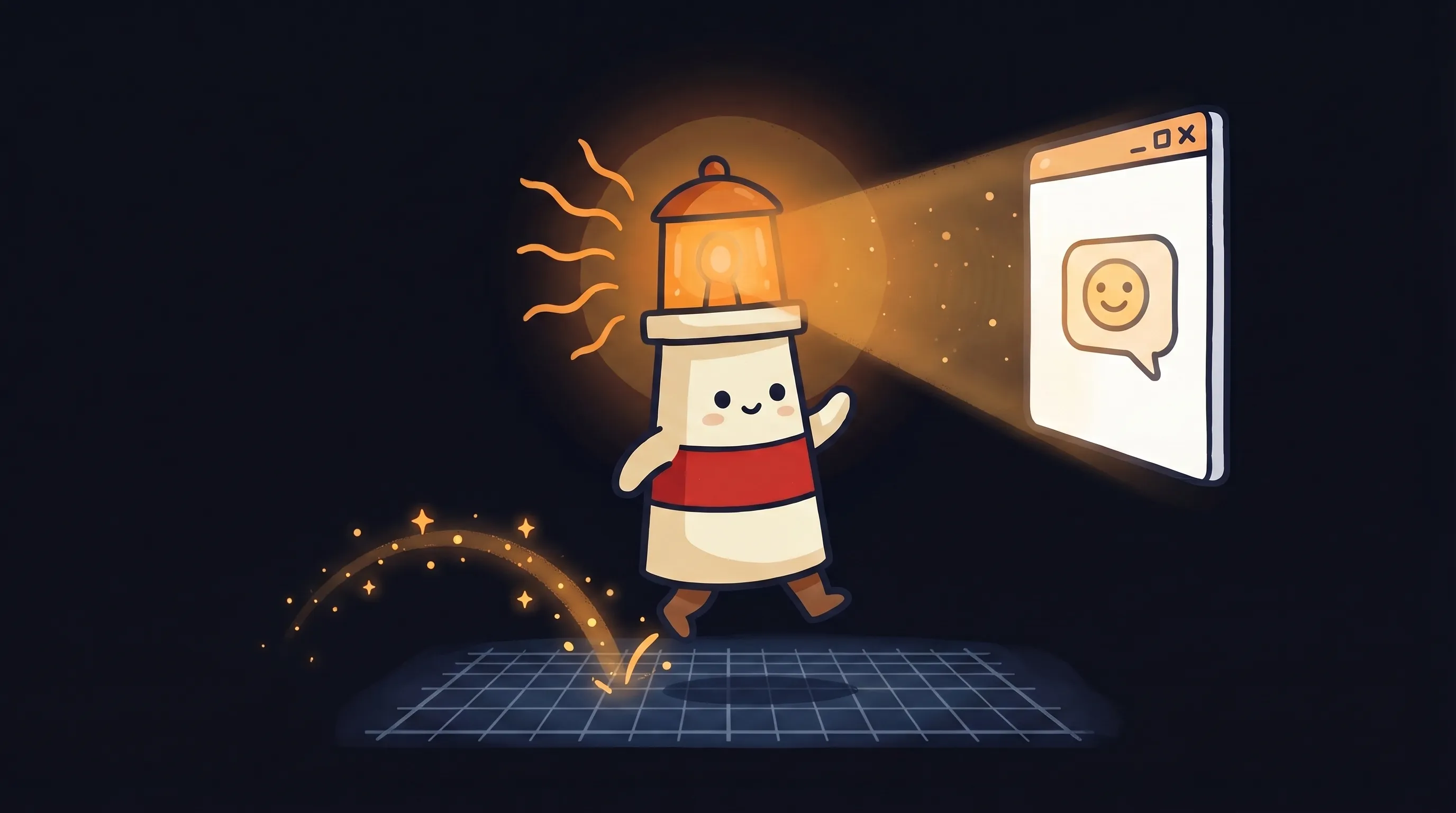 Cartoon lighthouse mascot with glowing amber lantern walks toward a browser window displaying a smiley face chat bubble,...