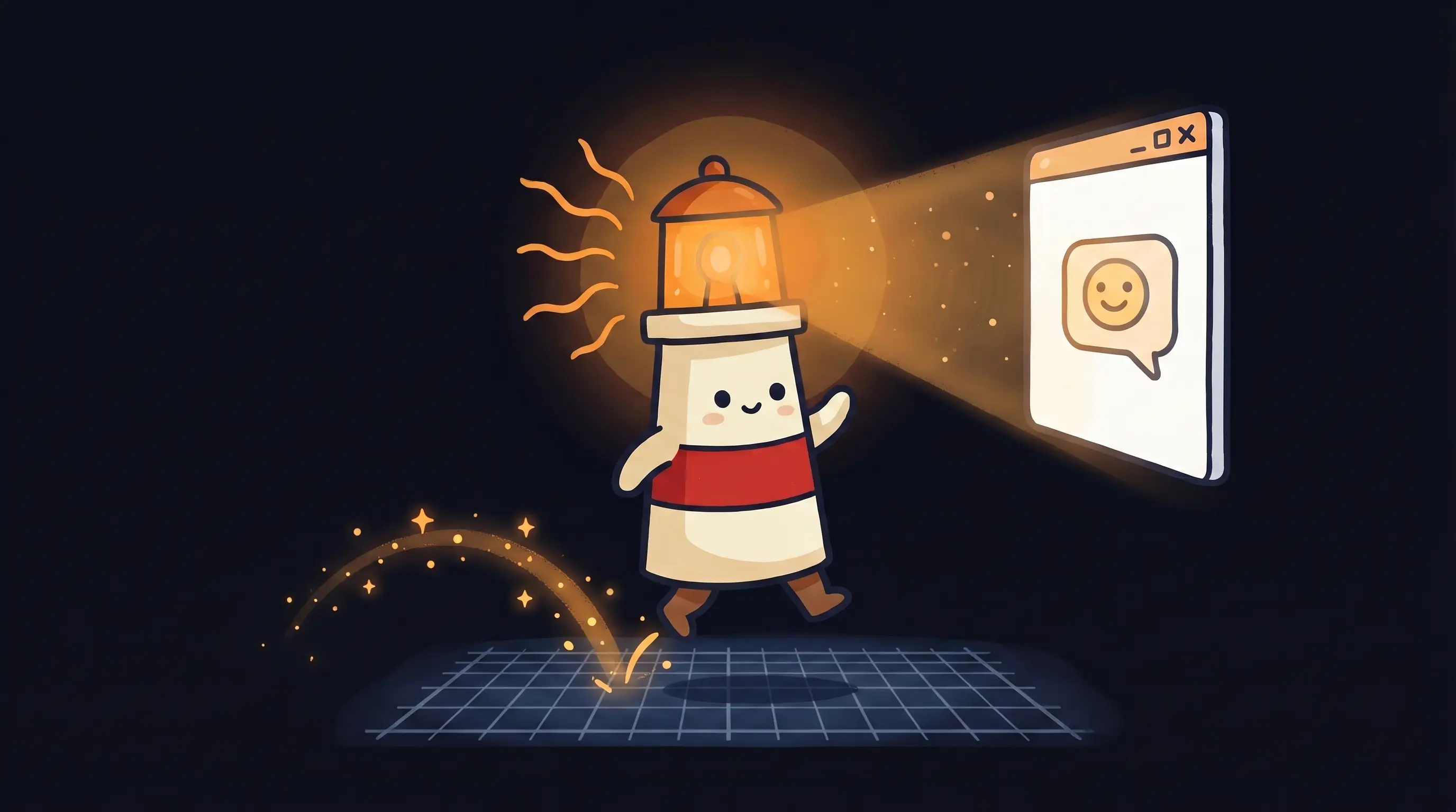 Cartoon lighthouse mascot with glowing amber lantern walks toward a browser window displaying a smiley face chat bubble,...