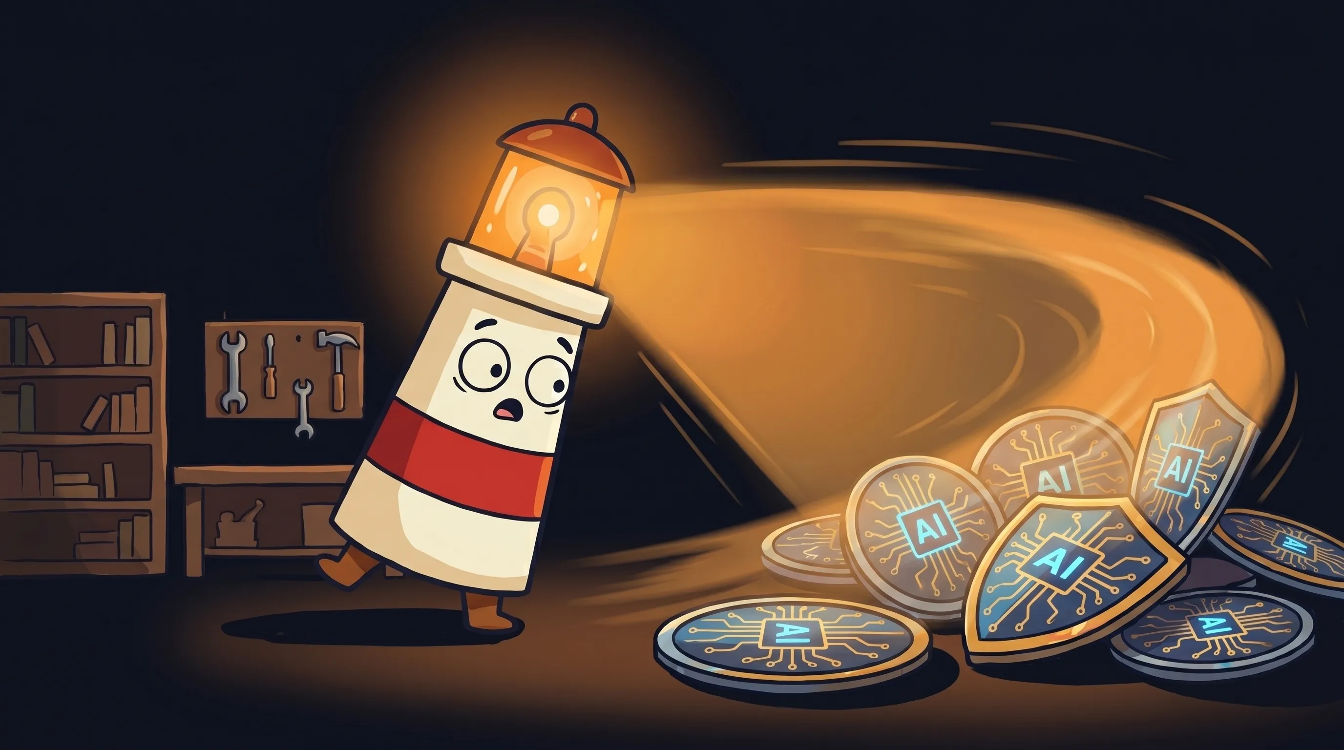 Beacon the lighthouse illuminating a glowing AI shield, its amber light casting warmth on a cloud defense symbol against a...
