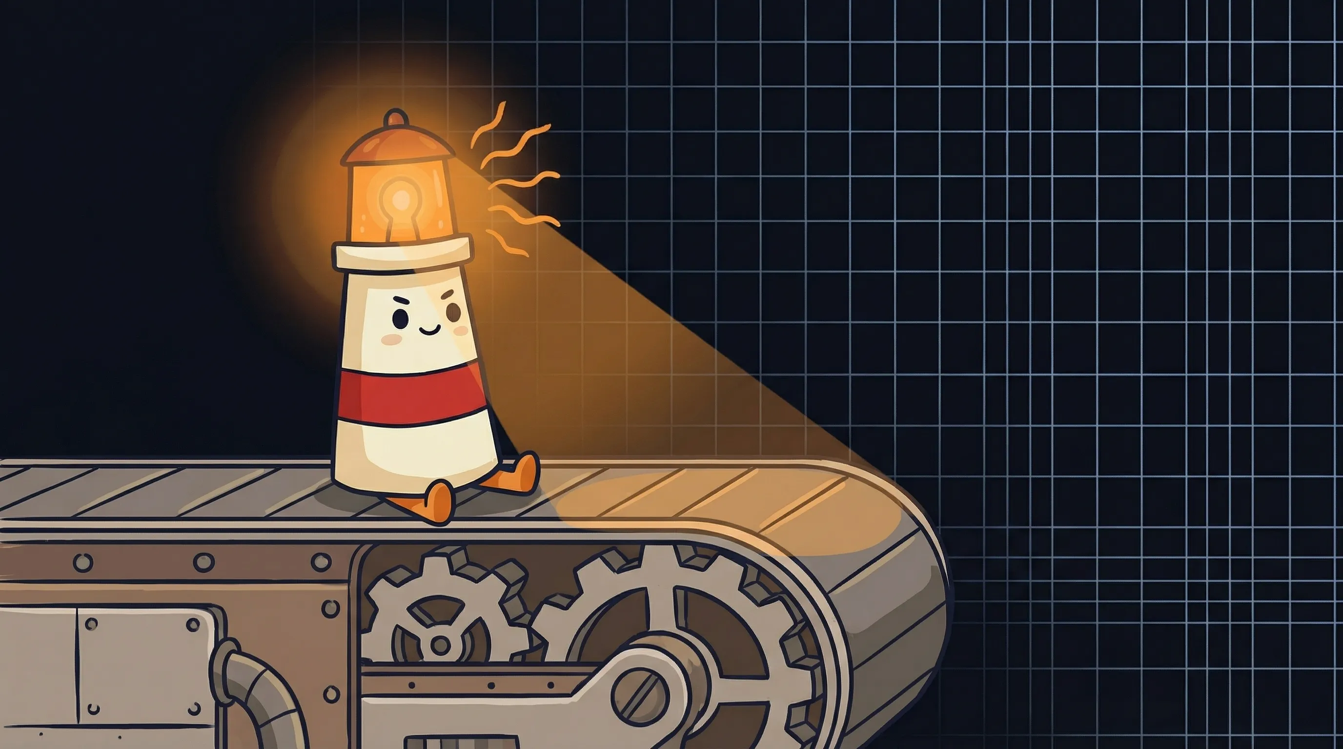 Beacon the lighthouse character shining amber light onto a content creation pipeline flowchart on a dark navy background.
