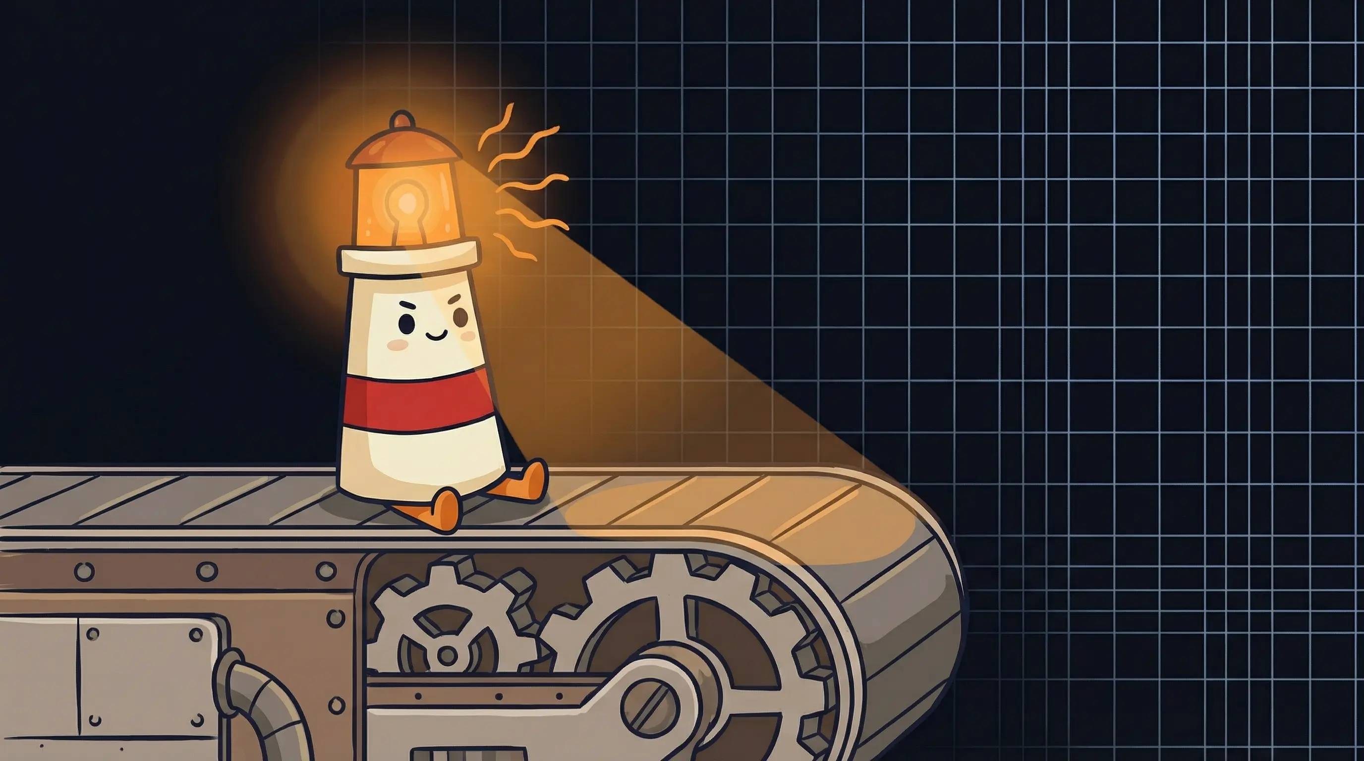 Beacon the lighthouse character shining amber light onto a content creation pipeline flowchart on a dark navy background.
