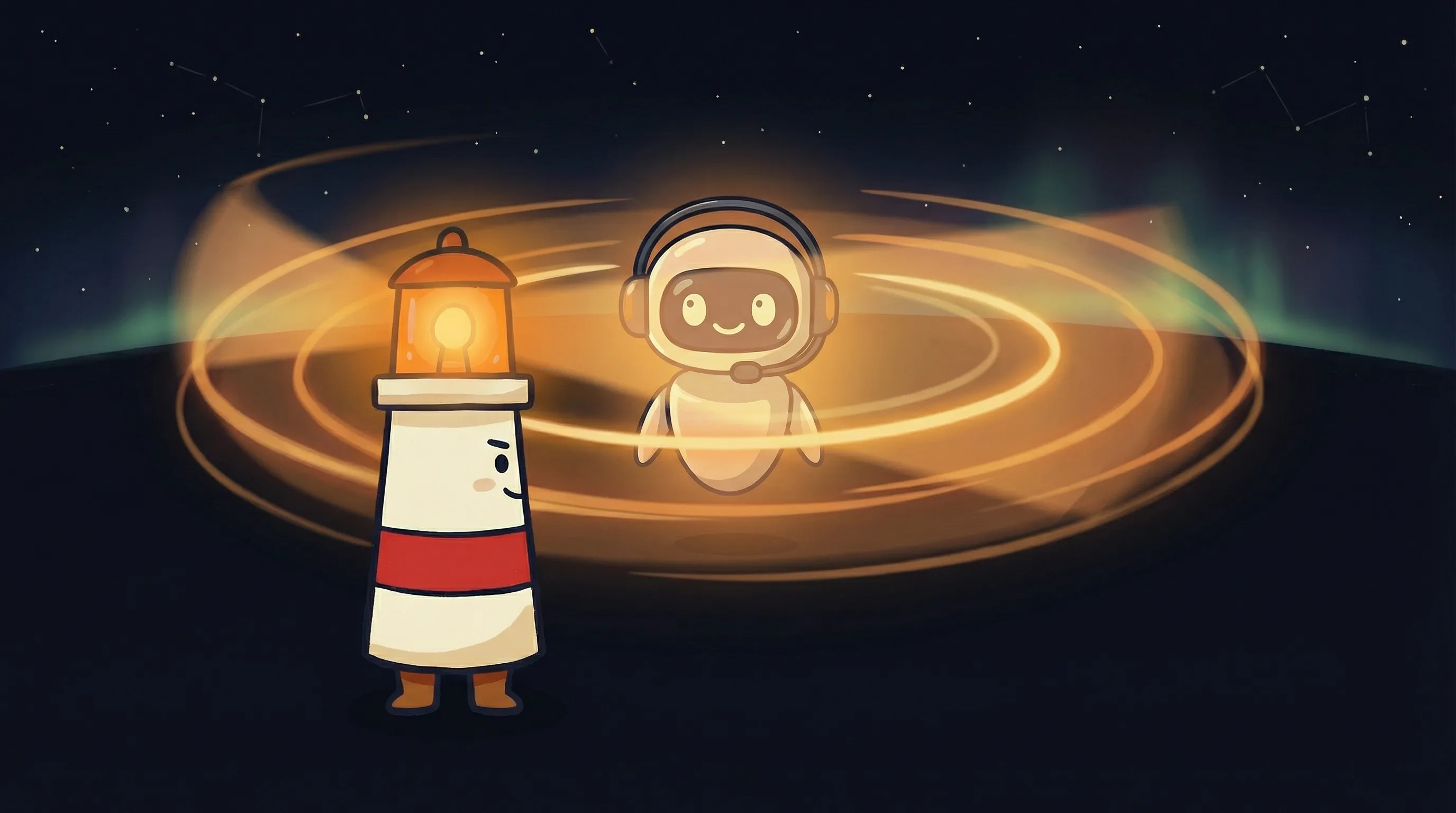 Beacon the lighthouse illuminating a chatbot icon, representing AI customer service for small businesses.