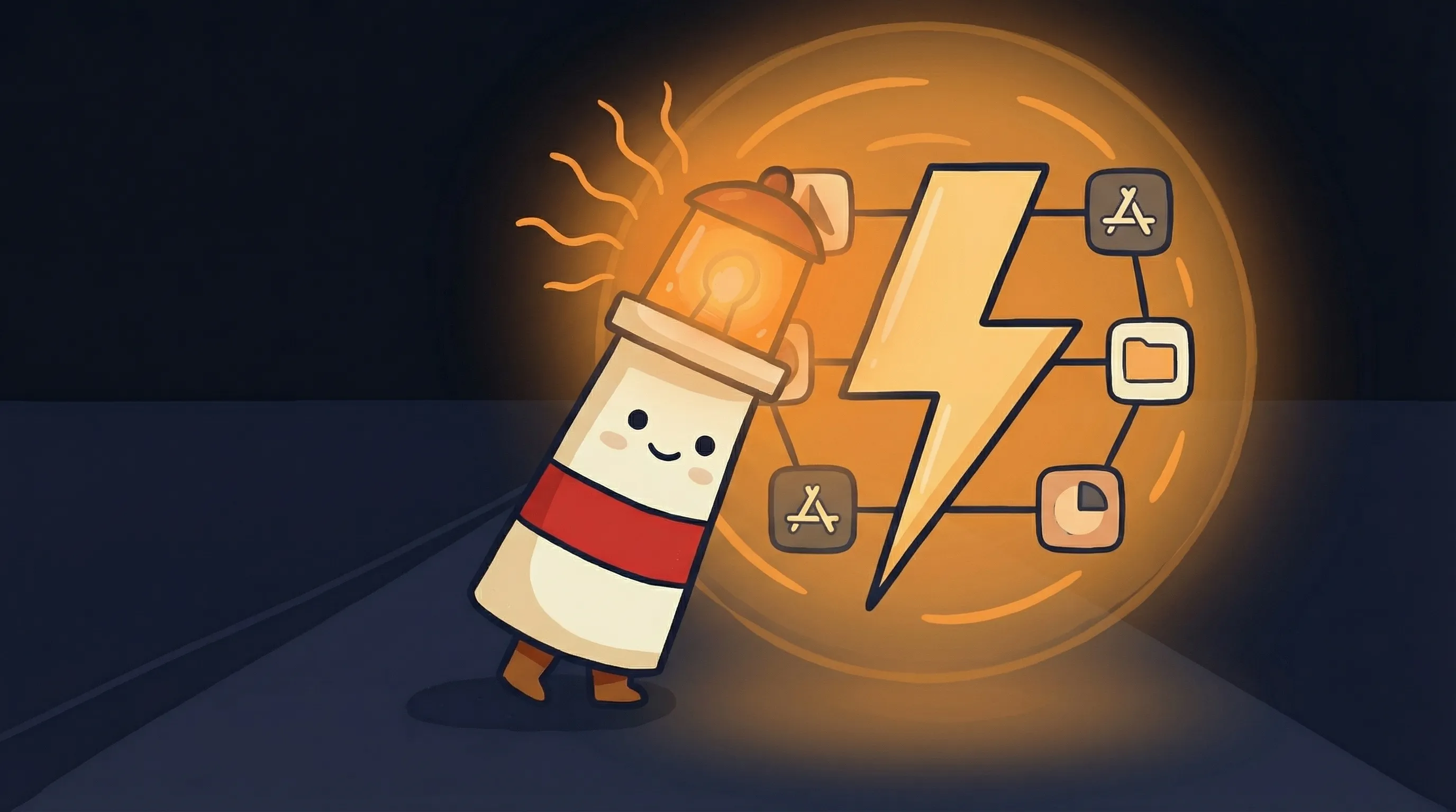 Beacon the lighthouse illuminating a Slack logo, with amber glow and red stripe on dark navy background.